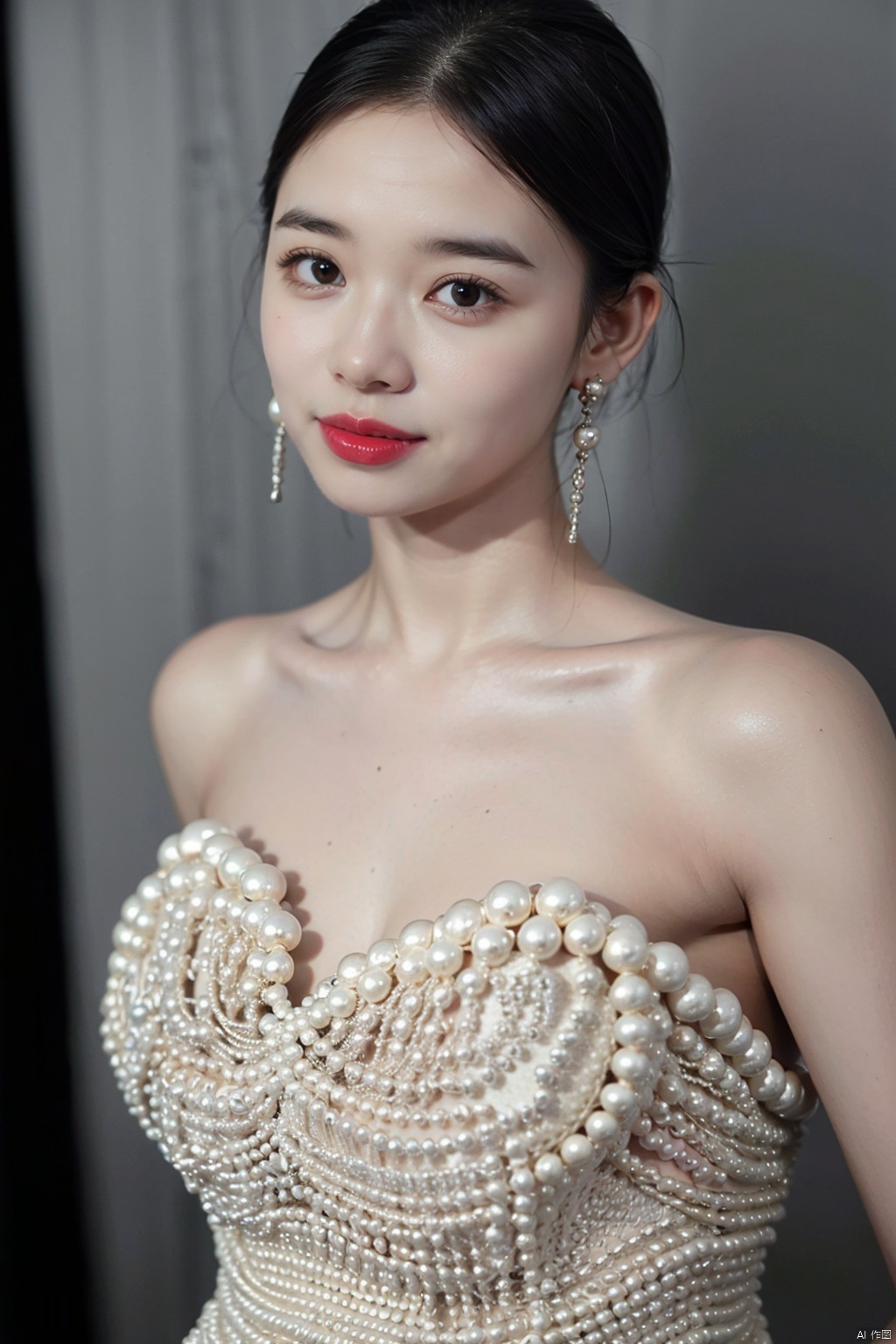 1girl, solo, looking at viewer, short hair, simple background, black hair, dress, bare shoulders, brown eyes, jewelry, upper body, earrings, white dress, black eyes, lips, strapless, makeup, lipstick, black background, strapless dress, realistic, red lips
