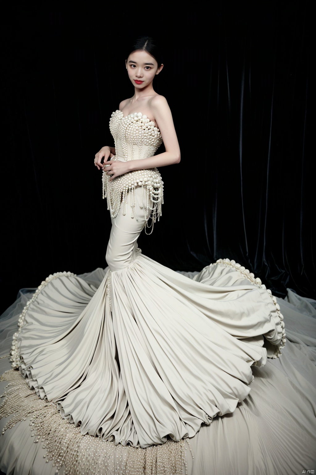1girl, solo, looking at viewer, simple background, black hair, dress, bare shoulders, standing, full body, white dress, strapless, makeup, lipstick, black background, strapless dress, wedding dress, realistic, red lips
