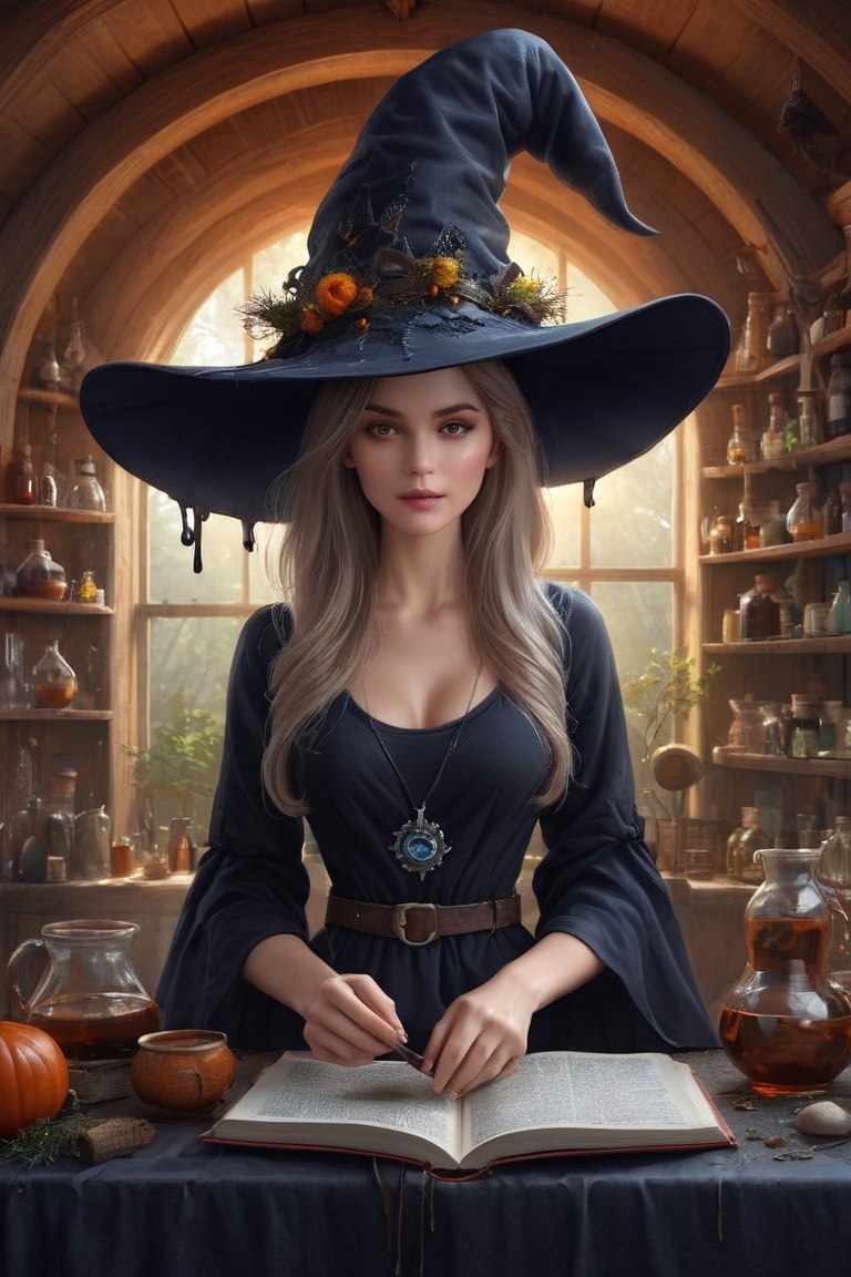 A witch making a potion in her workshop,  wearing a inkycapwitchhat with gills and drips,  bookshelves on Tensor.Art