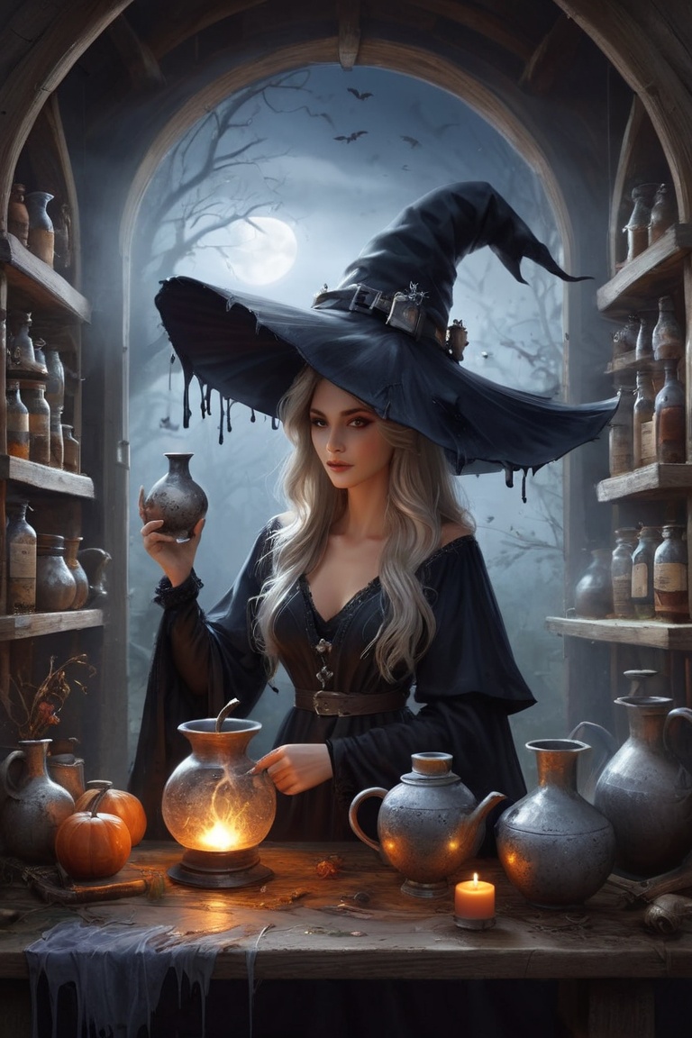 A witch making a potion in her workshop,  wearing a inkycapwitchhat with gills and drips,  bookshelves on Tensor.Art