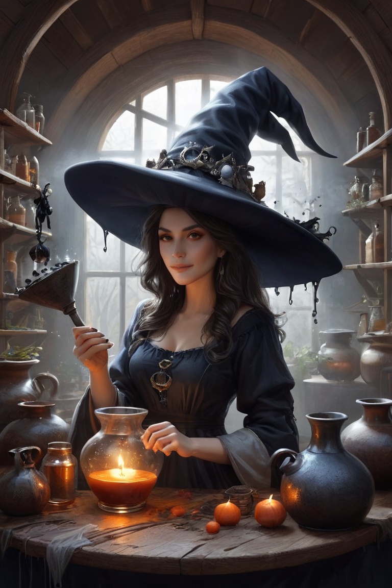 A witch making a potion in her workshop,  wearing a inkycapwitchhat with gills and drips,  bookshelves on Tensor.Art