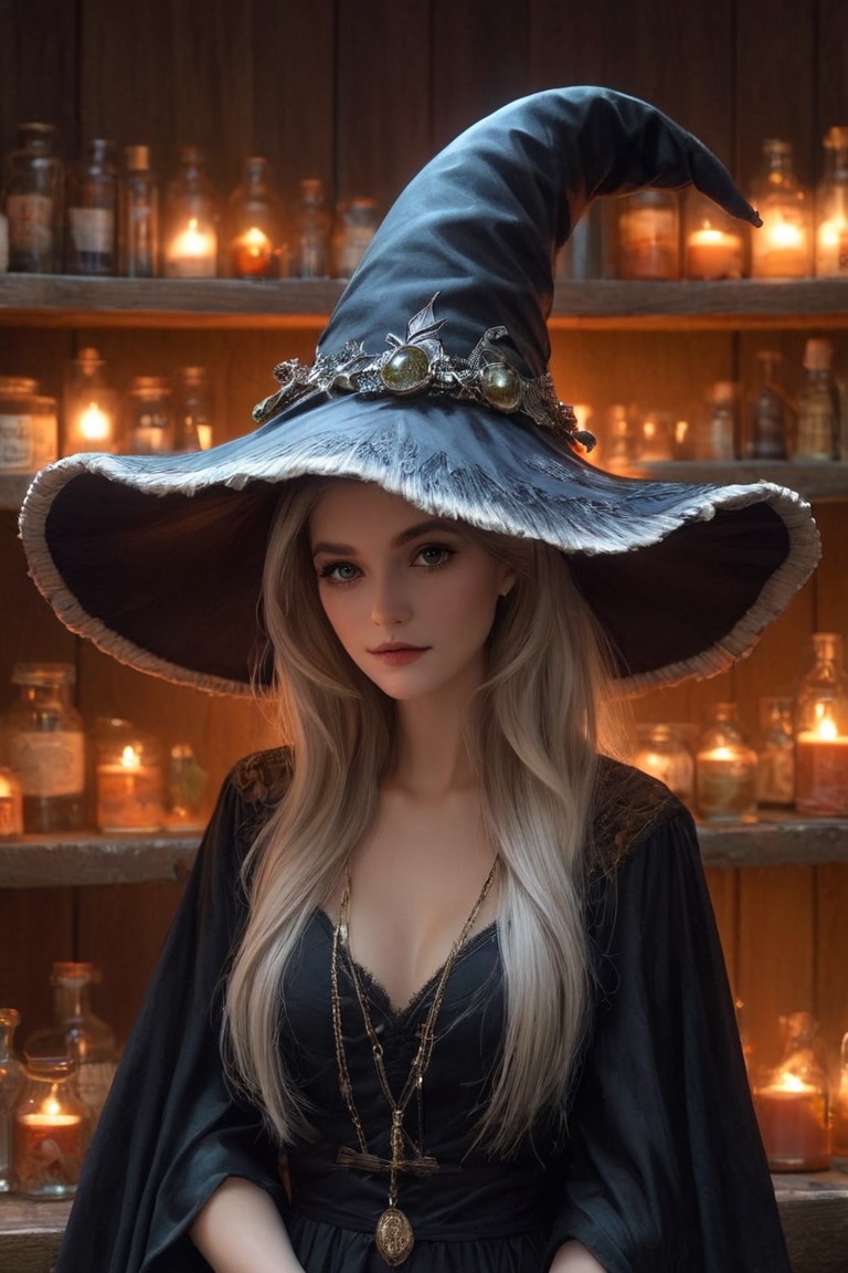 A witch in an alchemy workshop,  glowing potion ingedients and herbs,  neon lights on Tensor.Art
