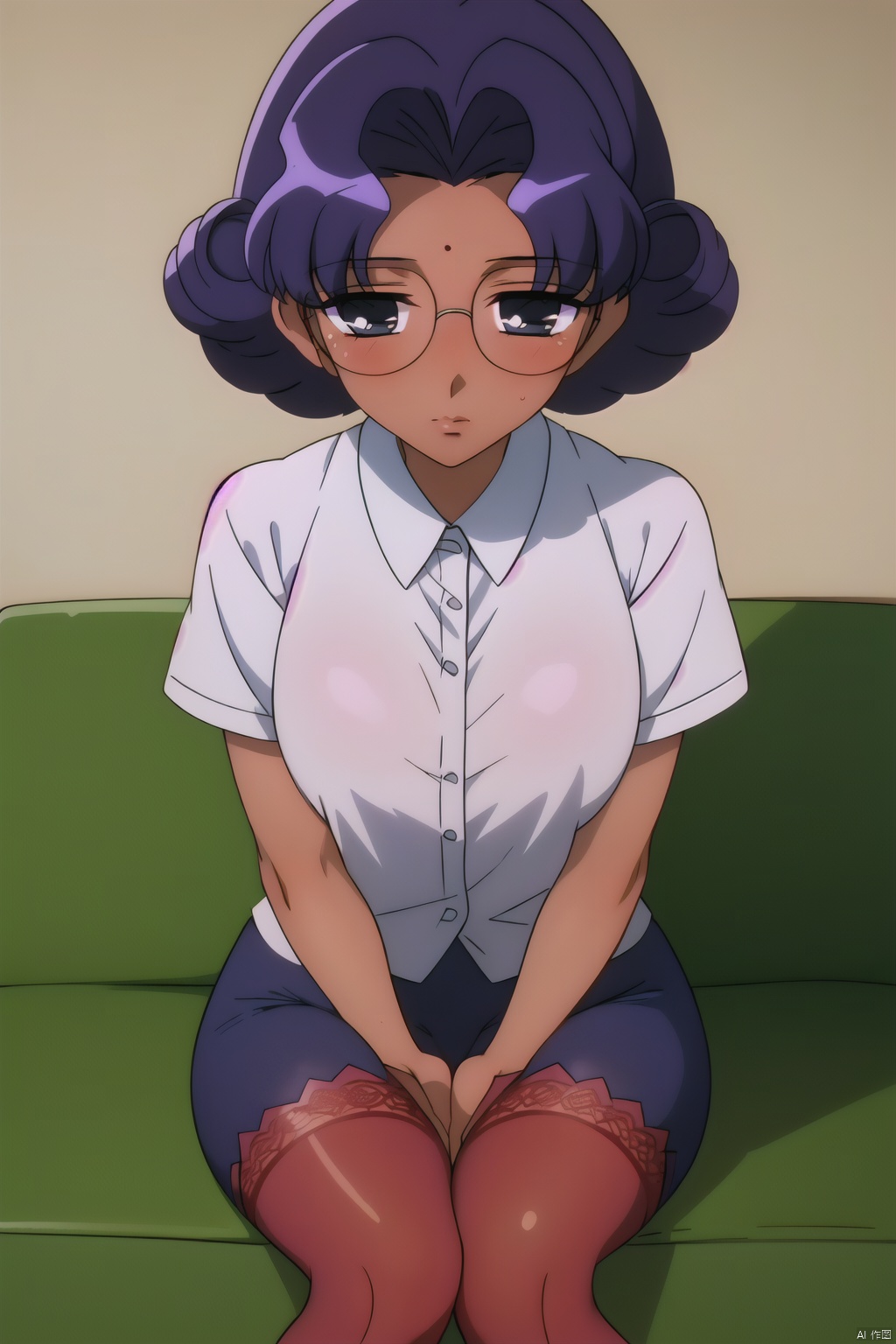 (masterpiece, best quality:1.2), Anki Himemiya,1 girl, alone,Eyes are exquisite and exquisite,Delicate purple hair color,short hair( Wearing red lace tights:1.2),Sitting on the sofa,too big,glowing skin,（（Black skin））,wear glasses（（（shy expression）））blush,姬宫安希