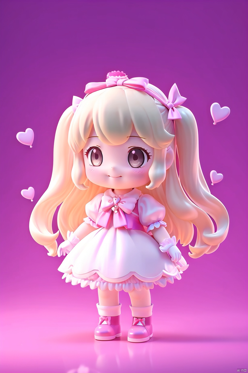  1girl, solo, long hair, looking at viewer, blush, smile, bangs, blonde hair, gloves, white background, dress, bow, holding, very long hair, closed mouth, short sleeves, hair bow, heart, one eye closed, puffy sleeves, white gloves, two side up, puffy short sleeves, hands up, black bow, pink bow, pink dress, ;\), balloon, holding balloon, heart balloon