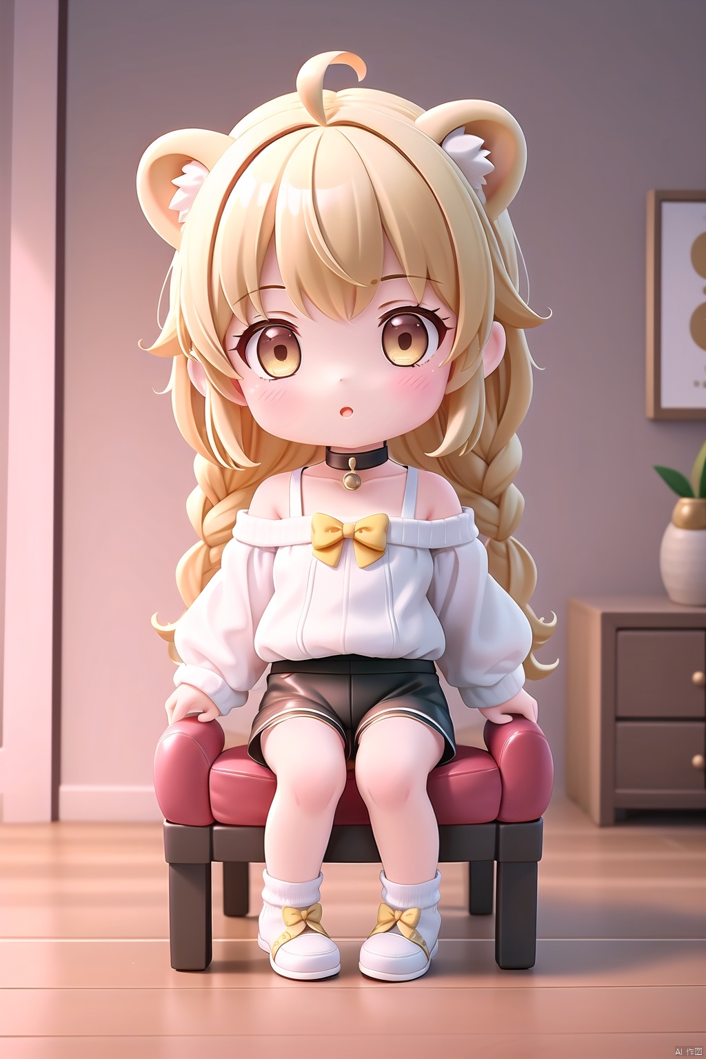  1girl, solo, long hair, looking at viewer, blush, bangs, blonde hair, long sleeves, bow, animal ears, bare shoulders, brown eyes, sitting, collarbone, full body, yellow eyes, braid, ahoge, parted lips, shorts, choker, day, socks, puffy sleeves, indoors, off shoulder, :o, sweater, sleeves past wrists, short shorts, window, single braid, bell, black choker, chair, no shoes, black shorts, stuffed toy, stuffed animal, white socks, couch, teddy bear, wooden floor, on couch, brown sweater, on chair, off-shoulder sweater, armchair, yellow sweater