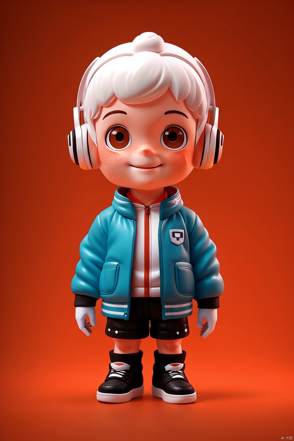 solo, looking at viewer, smile, short hair, gloves, 1boy, standing, jacket, full body, white hair, male focus, shoes, shorts, pants, bag, headphones, watermark, child, web address, freckles, male child