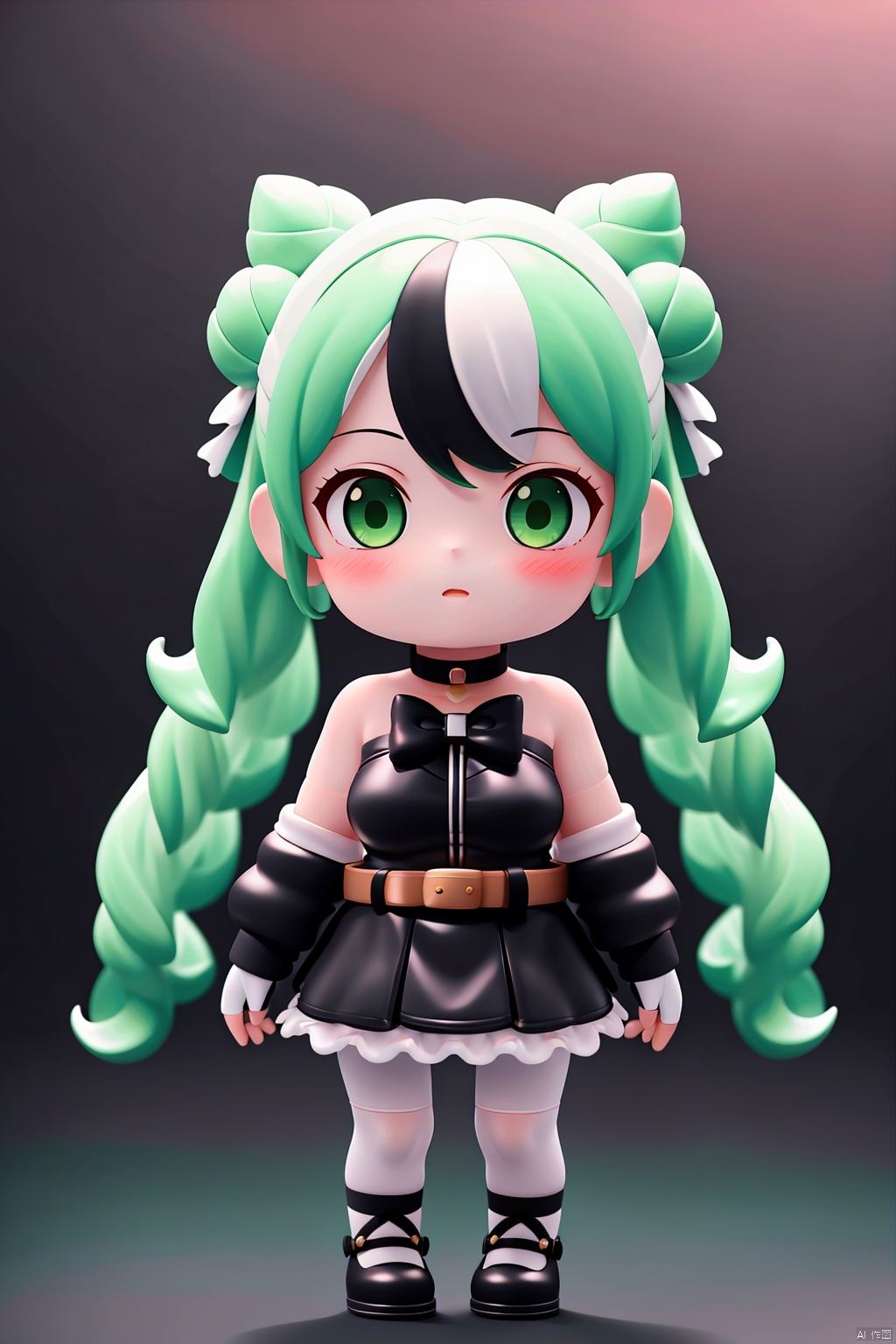  1girl, solo, long hair, breasts, looking at viewer, blush, open mouth, bangs, skirt, shirt, gloves, long sleeves, dress, bow, twintails, jewelry, very long hair, green eyes, jacket, white hair, pantyhose, multicolored hair, cowboy shot, green hair, open clothes, choker, black gloves, belt, indoors, fingerless gloves, off shoulder, hair bun, open jacket, streaked hair, black jacket, black pantyhose, double bun, black bow, gradient hair, black choker, cross, fishnets, fishnet pantyhose, masterpiece