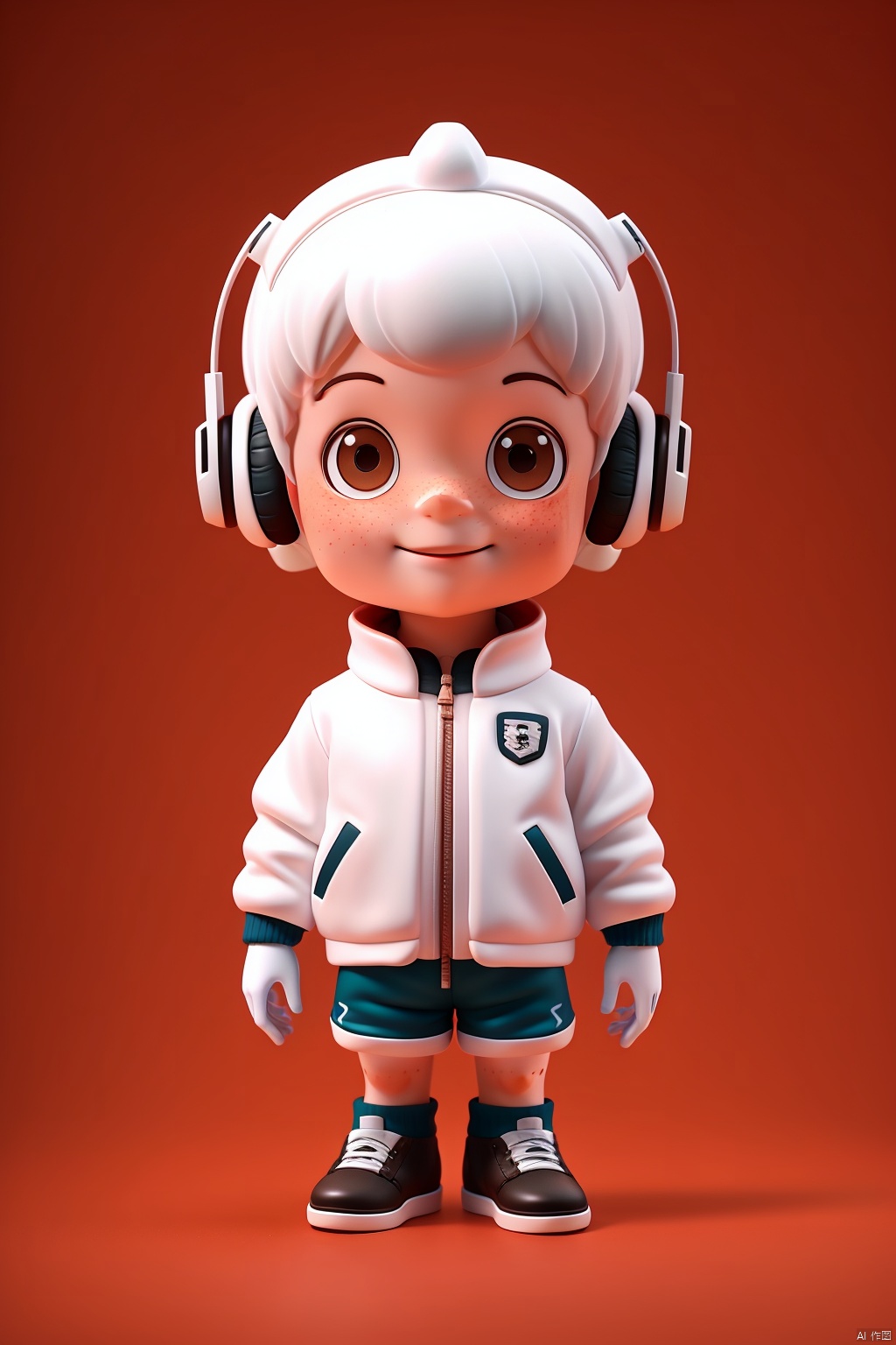 solo, looking at viewer, smile, short hair, gloves, 1boy, standing, jacket, full body, white hair, male focus, shoes, shorts, pants, bag, headphones, watermark, child, web address, freckles, male child