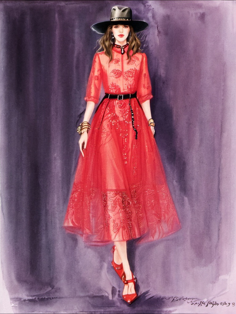 fushi, 1girl, solo, hat, fashion, jewelry, brown hair, ring, bracelet, skirt, full body, shoes, dress, belt, red footwear, standing <lora:服饰人物_手绘_V1.0XL:1>, masterpiece, best quality,