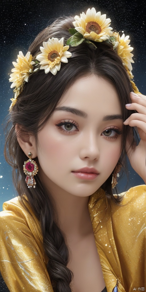  1girl,Han Chinese girls,sparkle,yellow Hanfu,chinese clothes,large breasts,sunflower,jewelry, earrings,lips, makeup, portrait, eyeshadow, realistic, nose,{{best quality}}, {{masterpiece}}, {{ultra-detailed}}, {illustration}, {detailed light}, {an extremely delicate and beautiful}, a girl, {beautiful detailed eyes}, stars in the eyes, messy floating hair, colored inner hair, Starry sky adorns hair, depth of field, large breasts,cleavage,blurry, no humans, traditional media, gem, crystal, still life, Dance,movements, All the Colours of the Rainbow,zj,
simple background, shiny, blurry, no humans, depth of field, black background, gem, crystal, realistic, red gemstone, still life,
