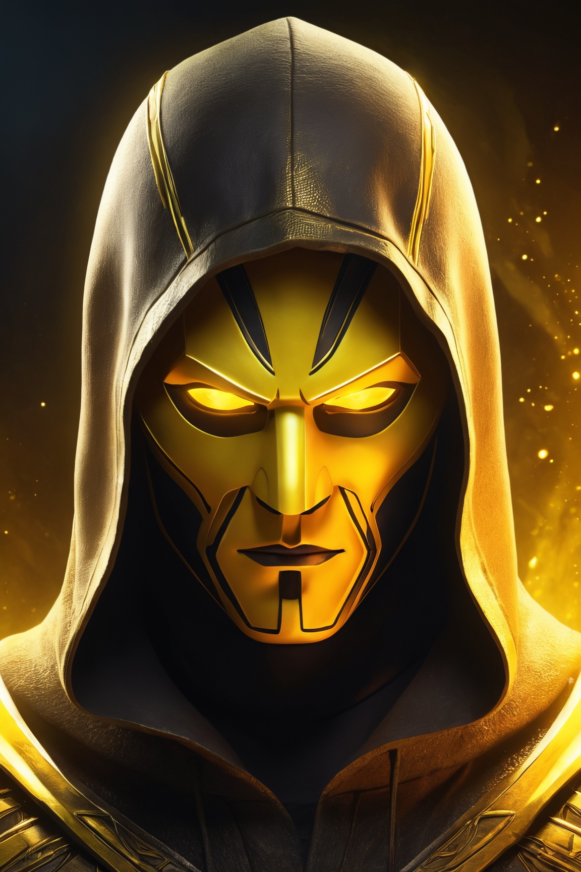 (best quality,8K,highres,masterpiece), ultra-detailed, (solo, male focus) illustration showcasing an upper body portrait of a boy with intense yellow, glowing eyes. The subject is looking directly at the viewer, creating a powerful connection. He's depicted with a muscular build, emphasizing strength and vigor. His appearance is further defined by a hood up over his head and a mask covering his mouth, adding an air of mystery and intrigue. The mask and eyes emit a subtle yet captivating glow, highlighting his unique characteristics. The overall composition combines elements of realism and fantasy, creating a compelling and memorable visual.