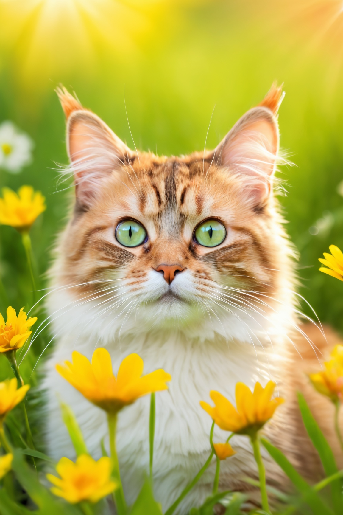 (cute),cat, outdoor,portrait,fuzzy tail,furry ears,playful eyes,sunlit garden,green grass,colorful flowers,whiskers,curious expression,textured fur,soft paws(paw pads:1.1),wagging tail,playful demeanor,catching butterflies,relaxed pose,vivid colors,bathing in sunlight,blinking eyes,exploring the garden,whiskers twitching,flower crown,sparkling eyes,Cat with a crown of flowers,carefree and happy,radiant sunshine,vector illustration,painterly style