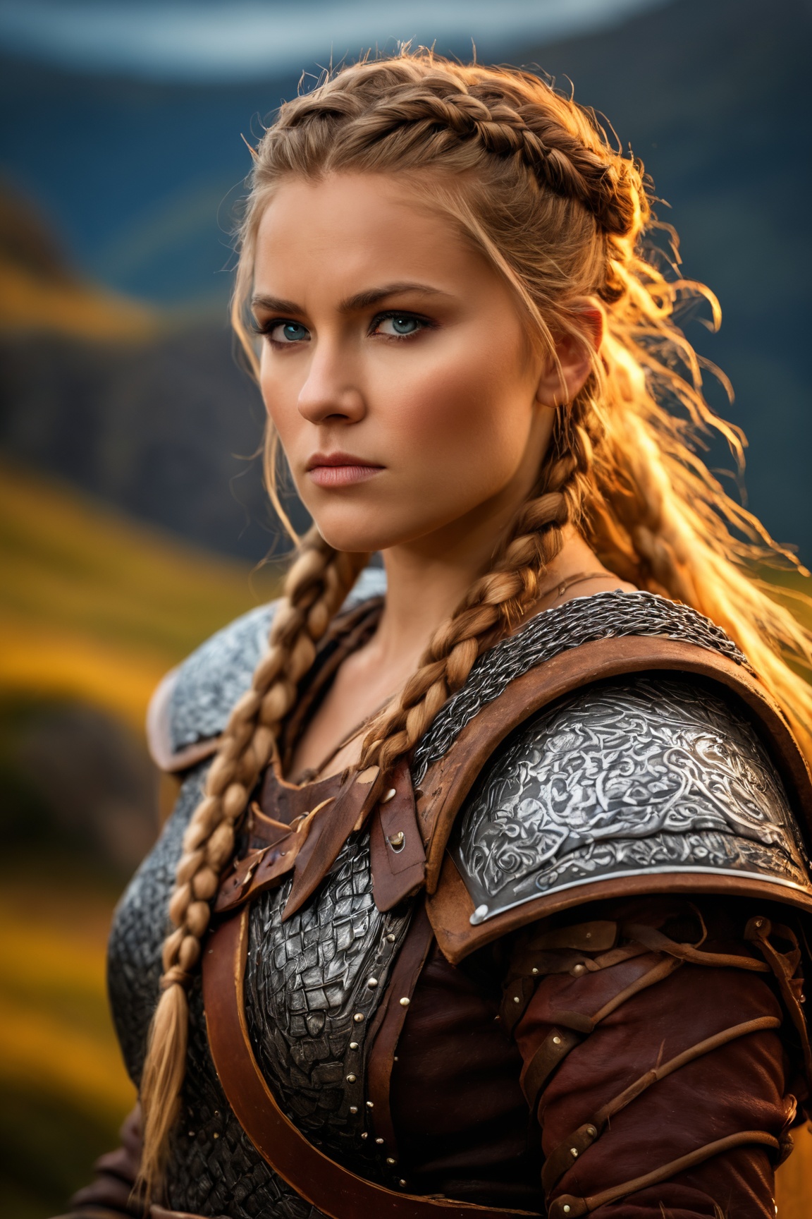 (best quality, 4k, 8k, highres, masterpiece:1.2), ultra-detailed, (realistic, photorealistic, photo-realistic:1.37), Viking women, portrait, ancient, warrior, brave, beautiful, detailed eyes, fierce expression, professional, Cinematic, concept artists, female warrior, ornamented armor, leather clothing, long hair, braided, fur accessories, weapon in hand, stoic pose, dramatic lighting, contrasting shadows, resolute gaze, vivid colors, strong personality, proud stance, haunting atmosphere, epic scenery, historical background, rough surroundings, powerful presence, characterful face, foreground focus, background blurred, hint of adventure
