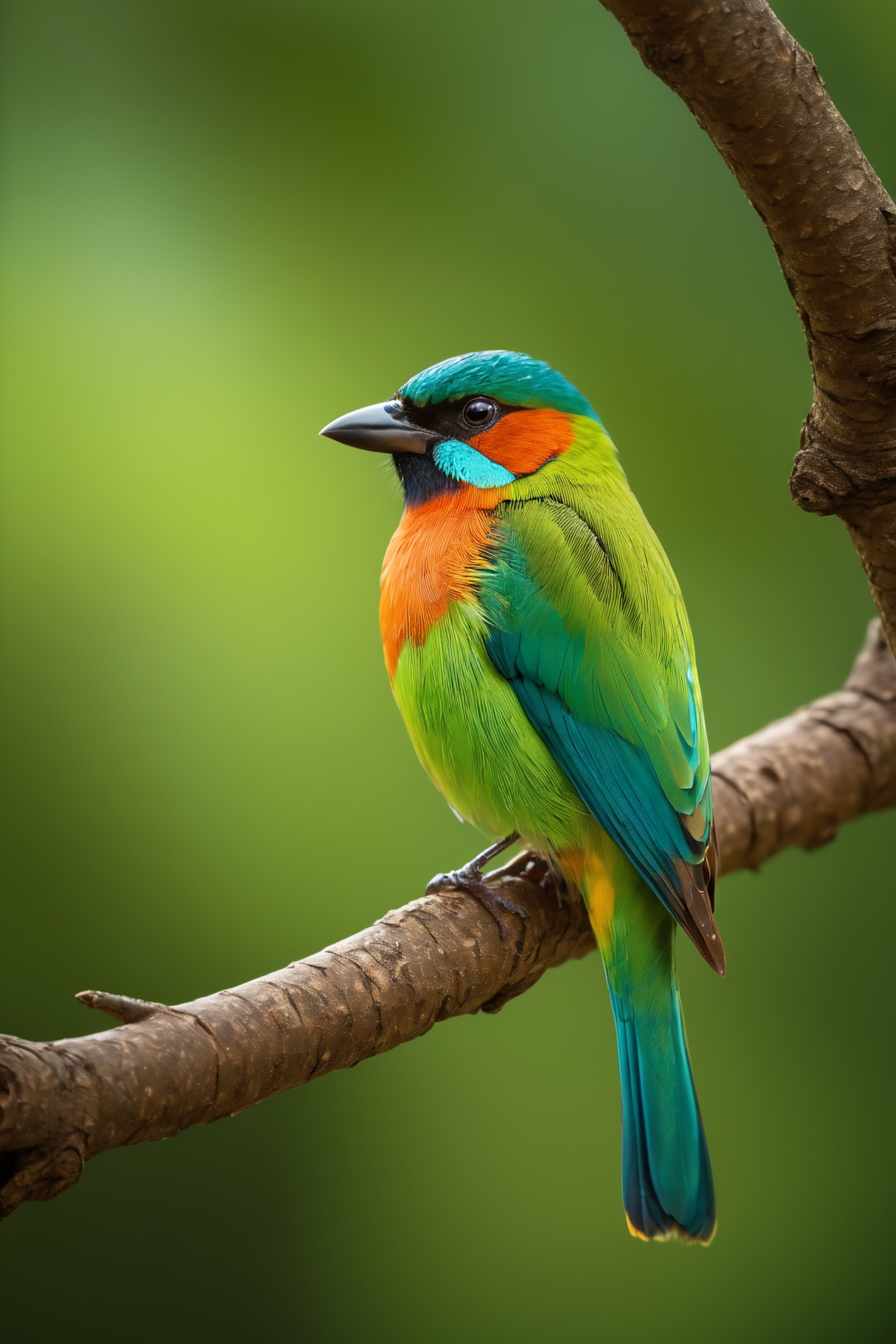 a colorful bird sitting on a tree branch, capturing the intricate details with macro photography, vibrant colors and the smallest of details, showcasing the beauty of nature, (best quality, 4K, highres, realistic:1.37) to ensure a masterpiece, capturing the bird's feather patterns in ultra-detailed precision, emphasizing the distinct hues and shades, highlighting the bird's unique characteristics, the luscious green of the tree branch contrasting with the rich, vibrant colors of the bird, creating a visually stunning image, with studio lighting to enhance the bird's features, capturing its beady eyes and delicate beak, the soft glow of natural sunlight illuminating the scene, creating a warm and welcoming atmosphere.