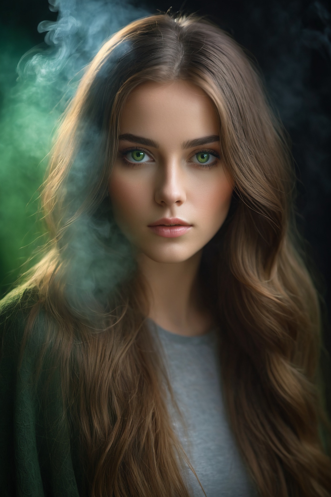 (best quality,8K,highres,masterpiece), capturing a medium shot of a beautiful young woman with long straight hair and captivating green eyes. The scene is enveloped in a mysterious atmosphere created by fog and smoke, with diffuse lighting from the side accentuating her features in high detail. The soft, ethereal light highlights the texture of her hair and the depth of her eyes, creating a contrast against the shadowy, smoke-filled background. This composition balances the elements of light and shadow to emphasize her serene yet enigmatic presence, her gaze piercing through the mist with an intensity that is both inviting and elusive. The high detail of the image captures the subtleties of her expression and the delicate nuances of the lighting, creating a portrait that is both vivid and vibrant, yet softly rendered, showcasing her natural beauty in a surreal and captivating setting.