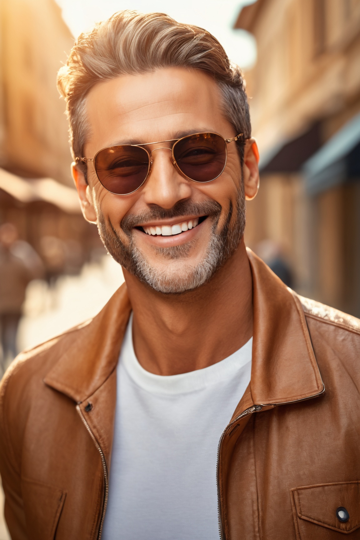 (best quality,8K,highres,masterpiece), ultra-detailed, (photo-realistic, lifelike) close-up portrait of a man with a warm smile, stylish sunglasses, and a relaxed outdoor ambiance. The cinematic lighting adds depth and character to this outdoor photo-realistic masterpiece.