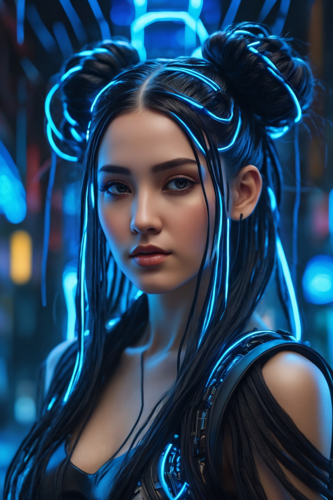 (best quality, 8K, highres, masterpiece), ultra-detailed, cyberpunk woman adorned with long black hair fashioned into space buns. In this ethereal scene, she embodies the role of the goddess of horticulture, surrounded by millions of microscopic, ultra-bright blue neon strings emanating from her form. composition showcases a stunningly beautiful backlit silhouette, intricately detailed and adorned with neon clouds, creating a mesmerizing and vivid blue color palette, Realism