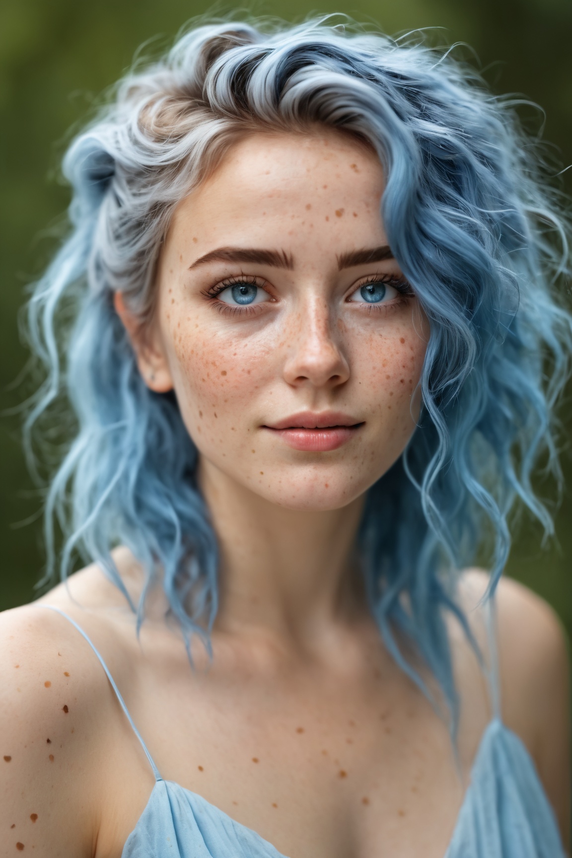 (best quality,  4k,  8k,  highres,  masterpiece:1.2),  ultra-detailed,  (realistic,  photorealistic,  photo-realistic:1.37),  blue messy hair,  light blue eyes,  freckles,  women,  portrait,  cinematic,  bokeh,  soft lighting,  ethereal atmosphere,  dreamy expressions,  dynamic composition,  textured background,  vivid colors,  subtle smile,  graceful pose,  professional,  artistic,  portrait photography