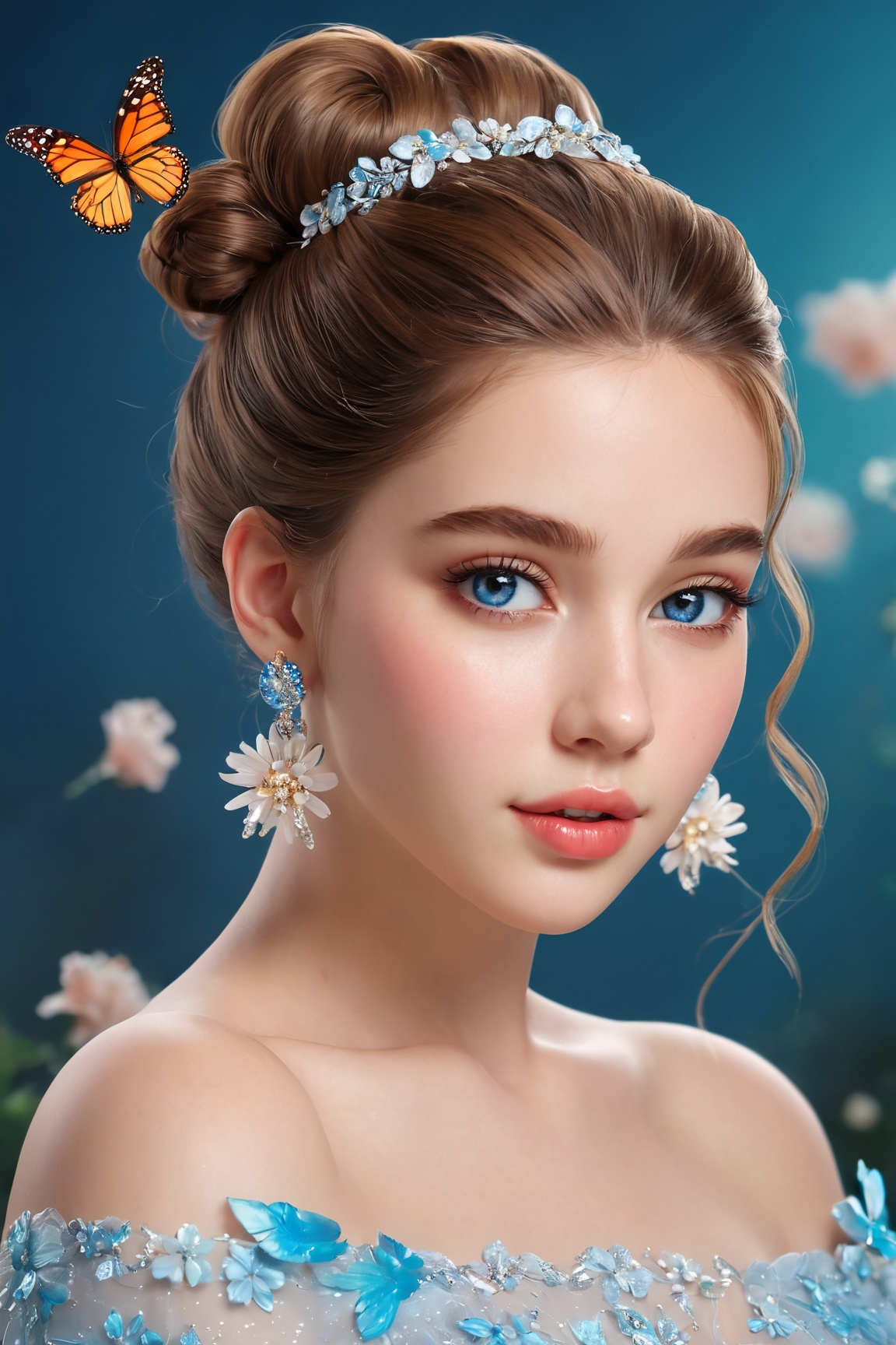 (best quality, ultra-detailed, realistic:1.37), 1girl,solo,blue eyes,detailed eyes,hair ornament,detailed hair ornament,beautiful dress,flowing dress,bare shoulders,detailed jewelry,upper body,flower,detailed flower,delicate flower,earrings,detailed earrings,sparkling earrings,hair flower,hair bun,beautiful hair bun,blurry background,lips,detailed lips,glowing lips,single hair bun,bug,beautiful butterfly,realistic butterfly