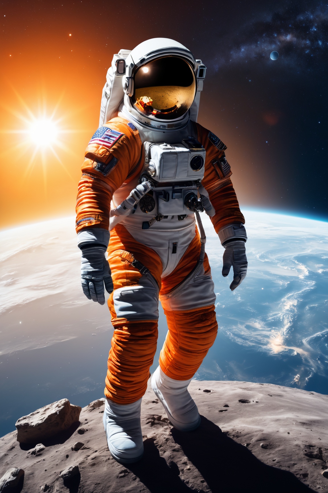 (best quality,4k,highres,masterpiece:1.2),ultra-detailed,realistic,photorealistic:1.37,astronaut,orange astronaut outfit,standing against a sunset background,surreal atmosphere,cosmic colors,vibrant orange tones,striking silhouette,star-filled sky,awe-inspiring view,glowing helmet reflection,flawless spacesuit,ornate details,meticulously crafted visor,elegant posing,captivating celestial scenery,serene and dreamlike setting,extravagant cosmic perspective,ray of sunlight illuminating the astronaut,sublime space exploration,otherworldly experience