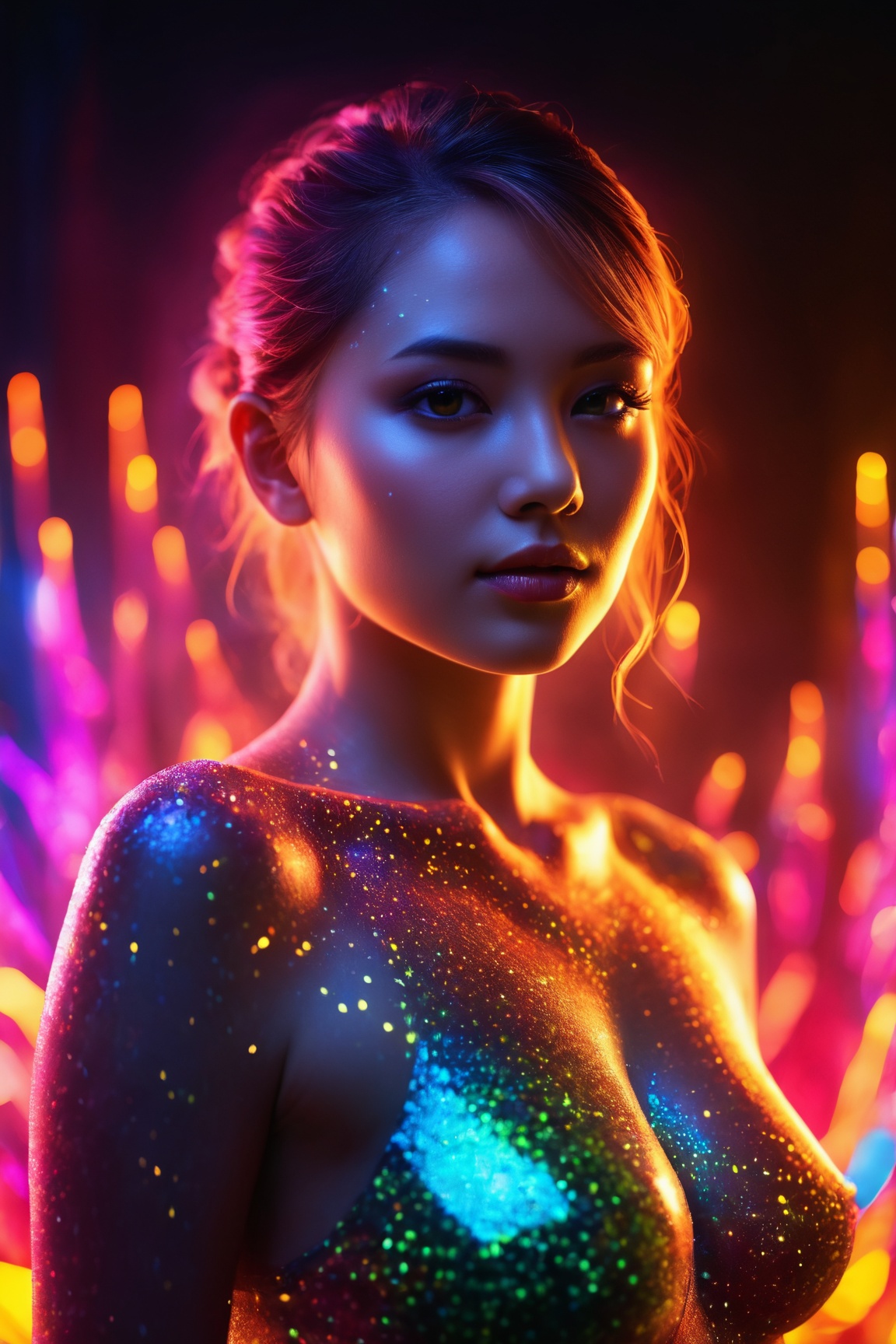 silhouette of a woman, phantasmagorical figure, translucent skin, translucent body, portrait, neon lights, light particles, colorful, cmyk colors, backlit, best quality, 4k, 8k, highres, masterpiece:1.2, ultra-detailed, realistic, photo-realistic:1.37, HDR, UHD, studio lighting, ultra-fine painting, sharp focus, physically-based rendering, extreme detail description, professional, vivid colors, bokeh, portraits, landscape, horror, anime, sci-fi, photography, concept artists, vibrant color palette, soft and warm lighting