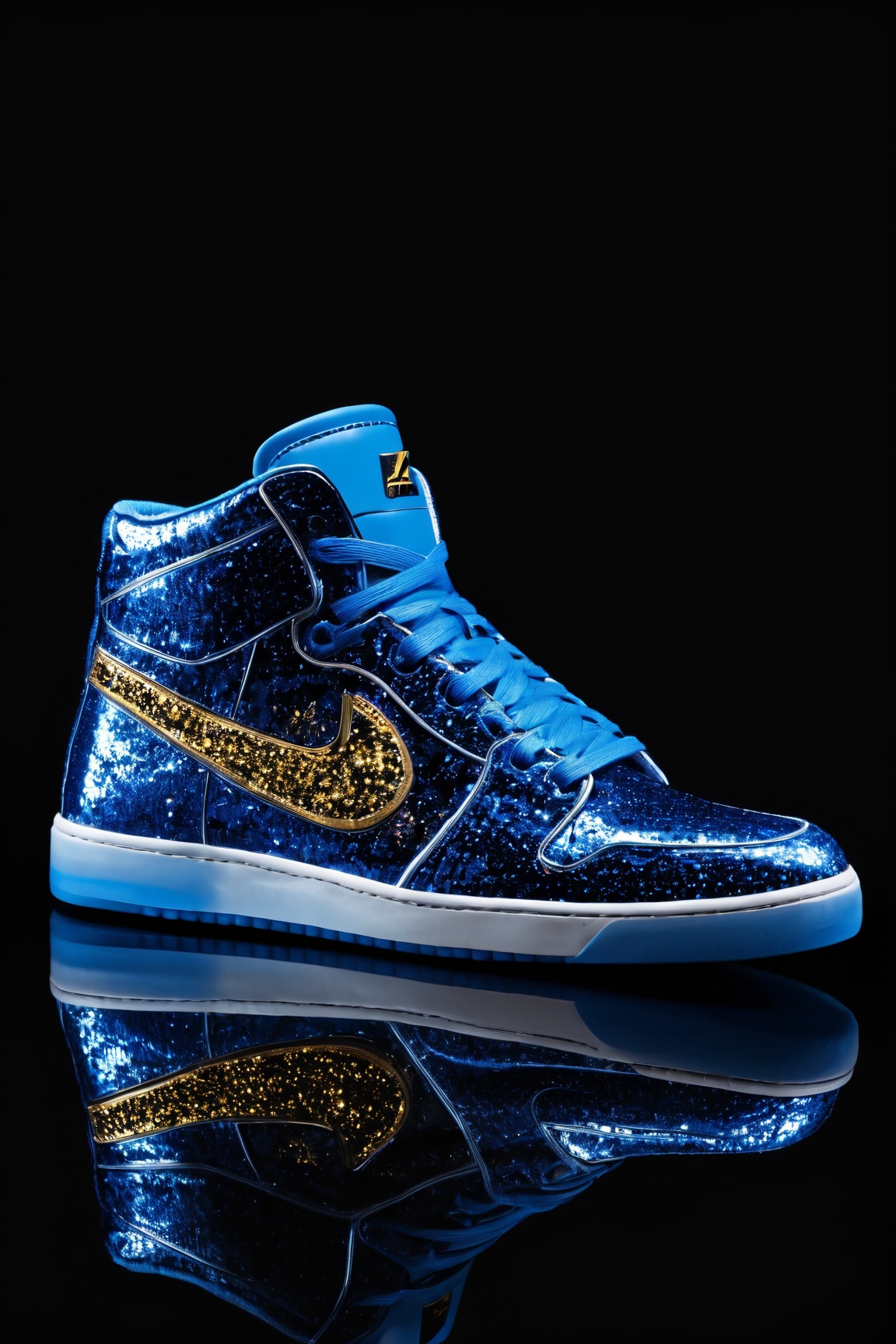 (best quality, 8K, highres, masterpiece),  ultra-detailed,  (still life) depiction of sneakers against a black background,  creating a striking contrast. These shoes,  with no human presence,  are highlighted by an array of light particles that dance around them,  illuminating their features and casting intricate reflections. The sneakers,  characterized by their vibrant blue color,  stand out dramatically,  offering a captivating visual. The scene is crafted to emphasize the sleek design of the footwear,  with the reflection adding depth and dimension,  making the sneakers appear as if suspended in a moment of timeless elegance.