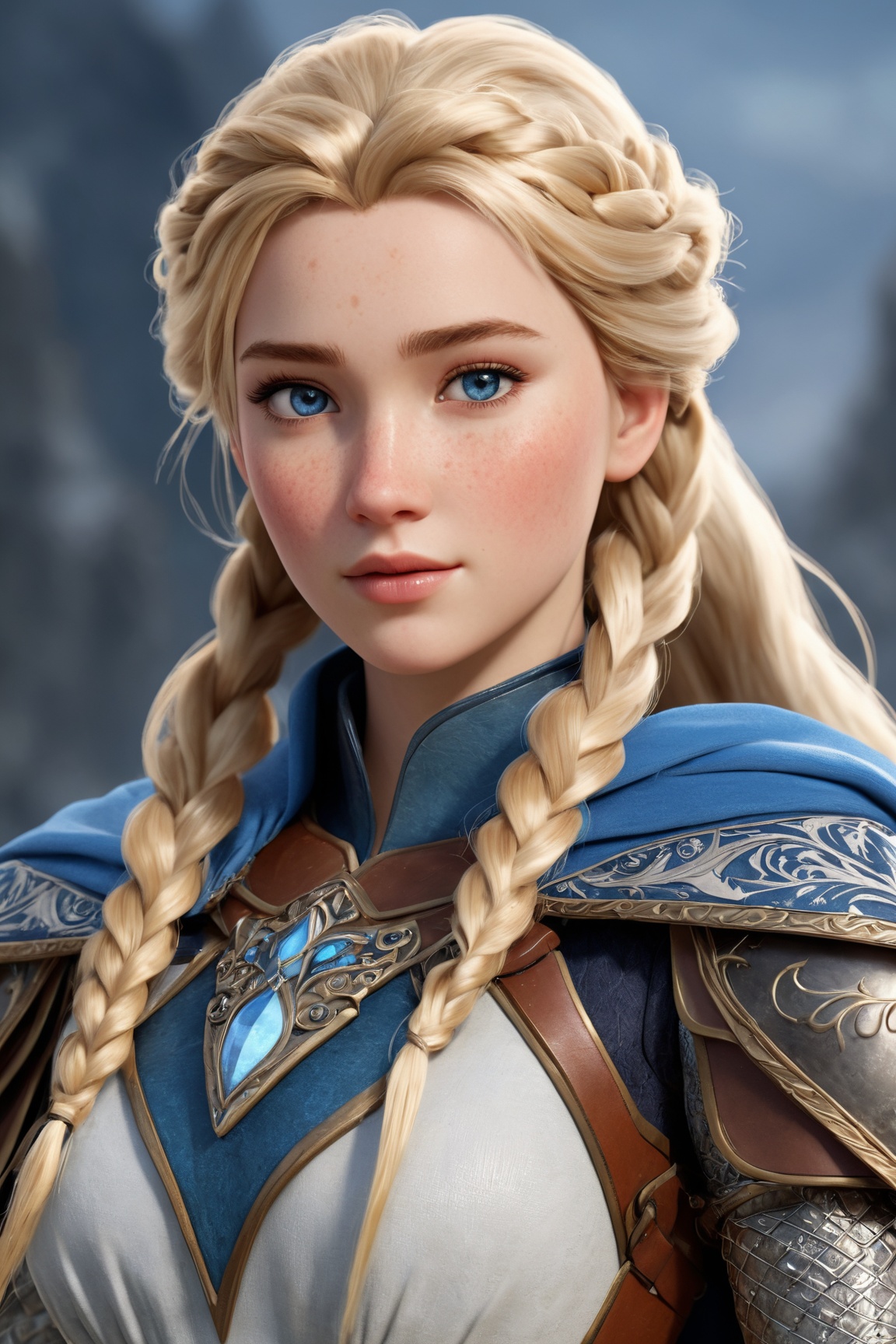 (best quality, ultra-detailed, realistic:1.37), portrait, frozen girl with long blonde hair and blue eyes, wearing armor and a cape. She is standing with her upper body slightly turned and looking directly at the viewer. Her hair is braided and falls over her shoulder, with strands blowing in the wind. The girl has a calm expression on her face, with freckles lightly dusted across her nose and cheeks. Her lips are beautifully detailed and slightly parted. The armor she wears has a fur trim, giving it a touch of elegance. In the background, the scene is slightly blurry, creating a dreamlike atmosphere. The lighting is soft, illuminating the girl's face and emphasizing the intricate details of her appearance. The overall color tone is cool, with shades of blue and white, enhancing the frozen theme.