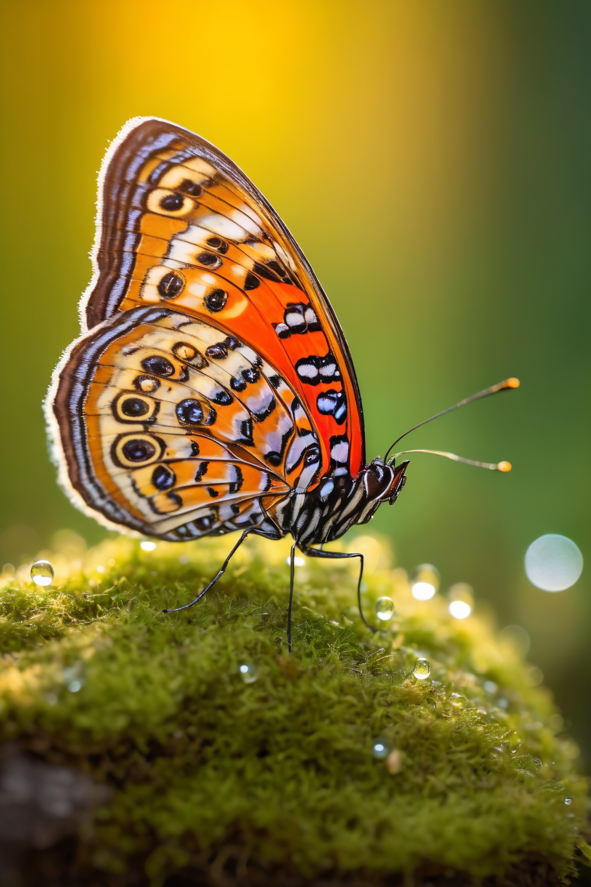 (best quality,4k,highres,masterpiece:1.2),ultra-detailed,extremely vibrant butterfly with dew on a moss, glowing under the soft morning light of a sunrise in the background. The macro shot captures the colorful details of the butterfly's delicate wings, showcasing its intricate patterns and mesmerizing beauty. The dew drops on the moss add a touch of freshness and enhance the overall atmosphere of the scene. The natural lighting creates a soft, ethereal glow, illuminating the butterfly and highlighting its vibrant colors. The bokeh in the background adds a dreamy and magical feel to the composition, further enhancing the sense of wonder and tranquility. Get ready to be captivated by the vivid and vibrant world of this enchanting butterfly in the midst of nature's serene and peaceful embrace.