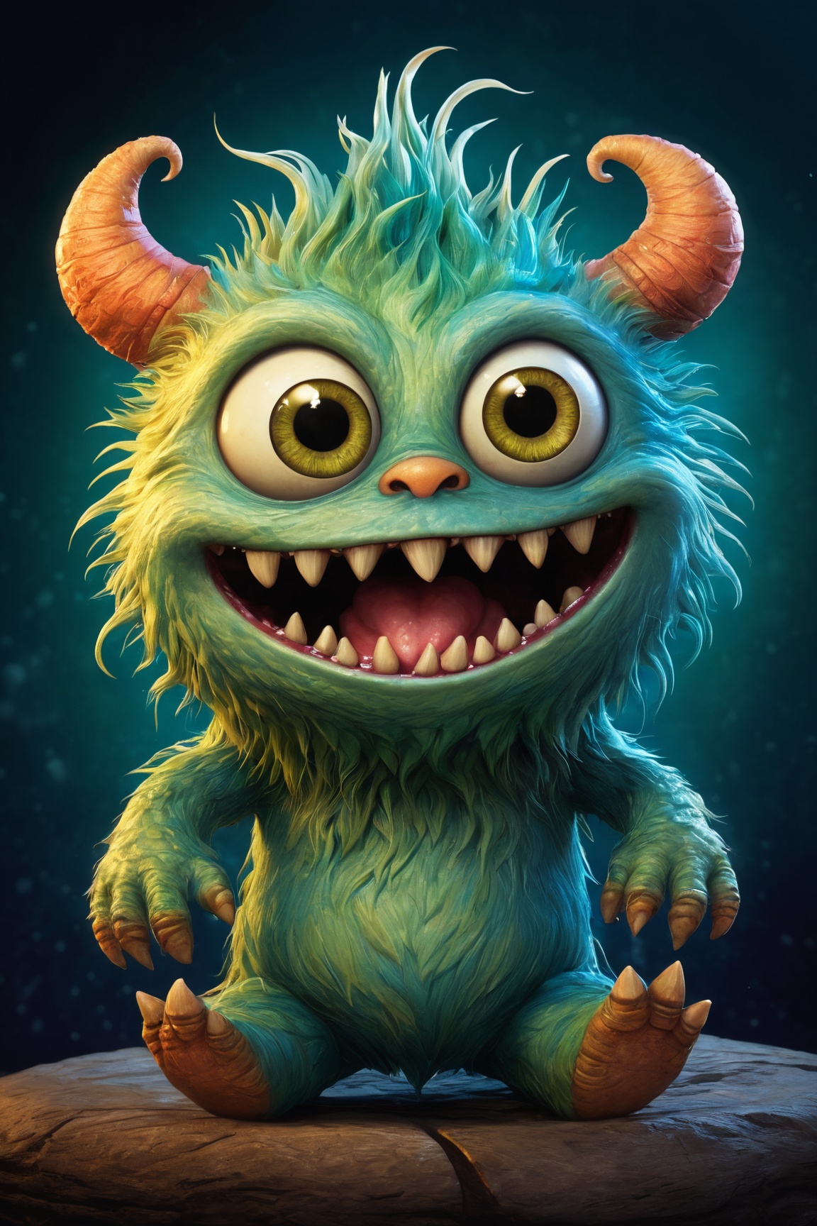 (best quality,8K,highres,masterpiece), ultra-detailed, capturing the whimsical essence of a cute, tiny monster with a distinctly creepy smile. This creature, while small in stature, boasts an array of vibrant colors and textures, making it stand out with its unique charm. Despite its eerie grin, there's an undeniable allure to its appearance, blending elements of the adorable with the slightly unsettling. The monster's eyes sparkle with mischief, suggesting a playful nature behind its unnerving smile. Its skin is highly textured, showcasing an array of soft, pastel shades that contrast with the darker, more mysterious tones of its grin. The background is deliberately blurred, focusing attention on the creature's expressive face and the intricate details that define its character. This portrayal combines the innocent with the eerie, inviting viewers into a world where even the smallest monsters carry a mix of cuteness and mystery.