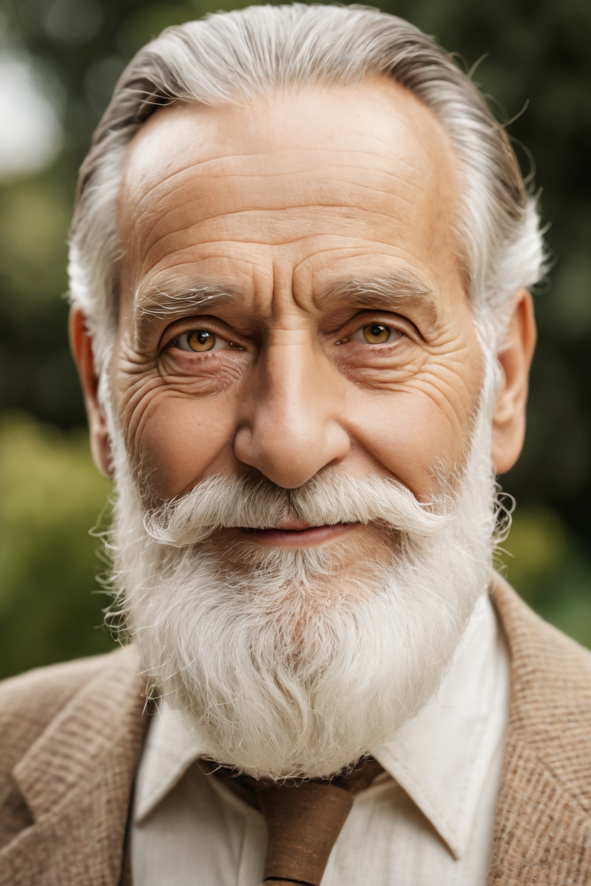 (best quality, 4k, 8k, highres, masterpiece:1.2), ultra-detailed, (realistic, photorealistic, photo-realistic:1.37), wise old eyes,detailed white beard,strong build,wisdom and experience,wrinkles around eyes and face,gentle smile, vintage style,peaceful garden background,soft lighting,historical charm,rich textures,(best quality,highres),classic art,subtle color palette.