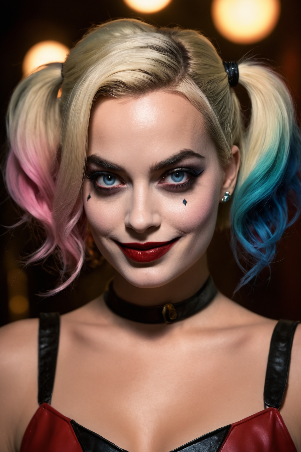 (best quality,4k,8k,highres,masterpiece:1.2),ultra-detailed,(realistic,photorealistic,photo-realistic:1.37),Harley Quinn,Margot Robbie,creepy makeup,portrait,high contrast,deep shadows,vivid colors,expressive eyes,detailed facial features,evil smile,colorful hair,gritty texture,dark background,cinematic lighting,comic book style,gothic elements,haunting atmosphere,sharp focus,smudged lipstick,crazy personality