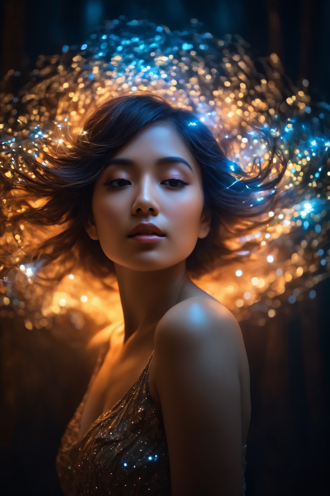 (best quality, 8K, highres, masterpiece),  ultra-detailed,  capturing the essence of a woman enveloped in the phenomenon of crystal triboluminescence through a double exposure technique. This portrait blends the sfumato style with elements of surrealism to create an image that sings a silent serenade to the allure of the celestial dance. Her serene and intimate composure is both enigmatic and deeply connected to the constellations that adorn the backdrop,  suggesting an ethereal essence of life that transcends the mundane. The scene is bathed in whimsical lighting,  casting an enchanted ambiance and soft textures across her figure,  creating an imaginative artwork that glows with an otherworldly luminescence. The silent vigil she holds is illuminated by a vibrant background,  achieved through long exposure and backlight techniques,  adding depth and a sense of the eternal. This visual narrative whispers of silent,  vibrant luminescence,  inviting the viewer into a realm where the enchanted and the ethereal meet in a dance of light and shadow,  embodying the whimsical and the celestial in a moment captured forever.