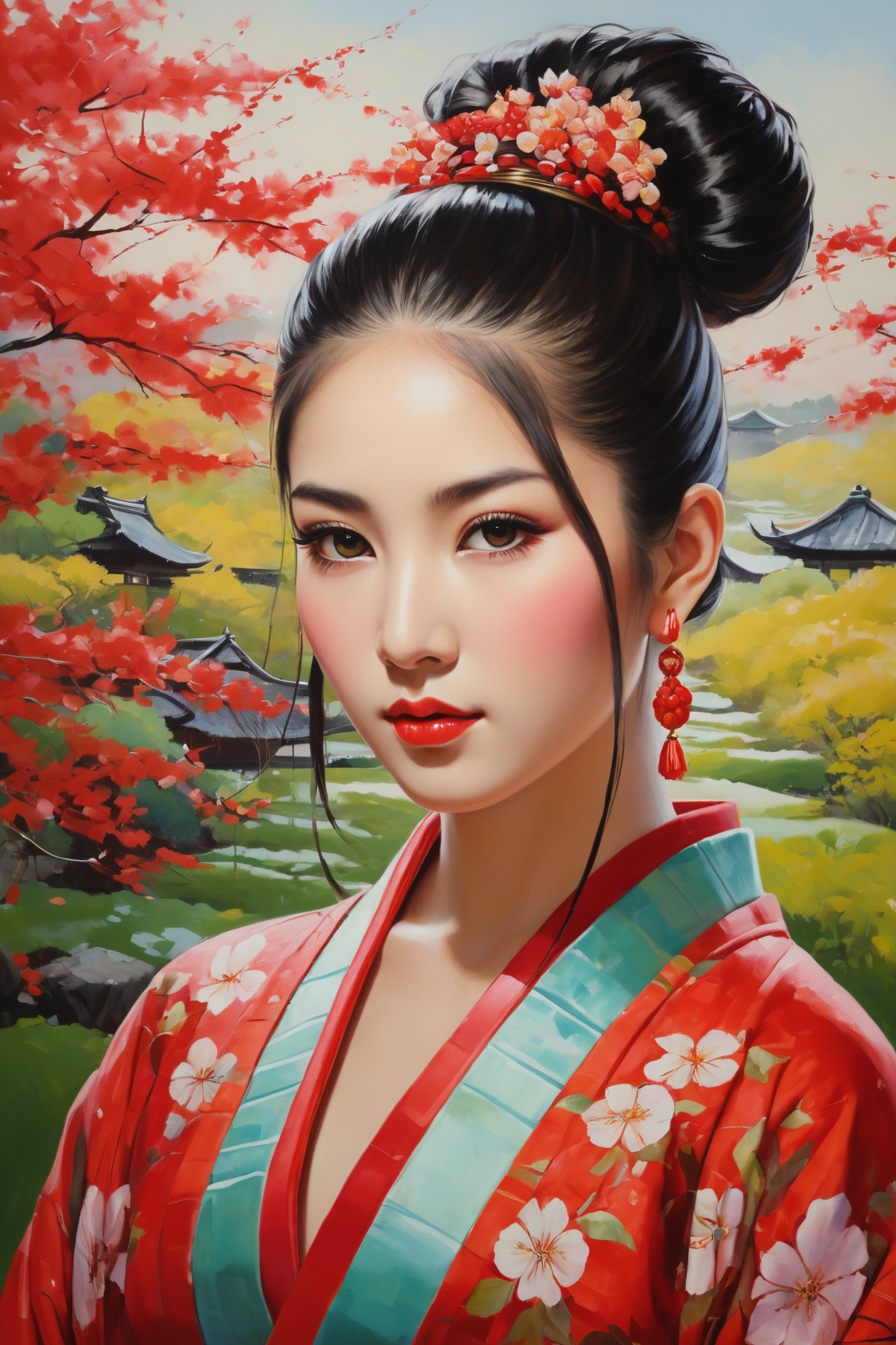 girl, beautiful detailed eyes, beautiful detailed lips, extremely detailed eyebrows and face, long eyelashes, stripe bead necklace, black hair styled in a spiked ponytail, wearing a simple kimono with red open clothes. The artwork is created using oil paint on canvas, with high resolution and ultra-detailed brushstrokes. The painting showcases a picturesque garden scene with vibrant colors and vivid flowers in full bloom. The girl is depicted standing gracefully amidst the floral landscape, her posture conveying a sense of tranquility and elegance. The lighting in the painting is soft and ethereal, casting gentle shadows on the girl's face and adding depth to the overall composition. The color palette is dominated by various shades of red, creating a warm and inviting atmosphere. The art style blends elements of traditional Japanese art with a touch of contemporary flair, resulting in a captivating fusion of East-meets-West aesthetics