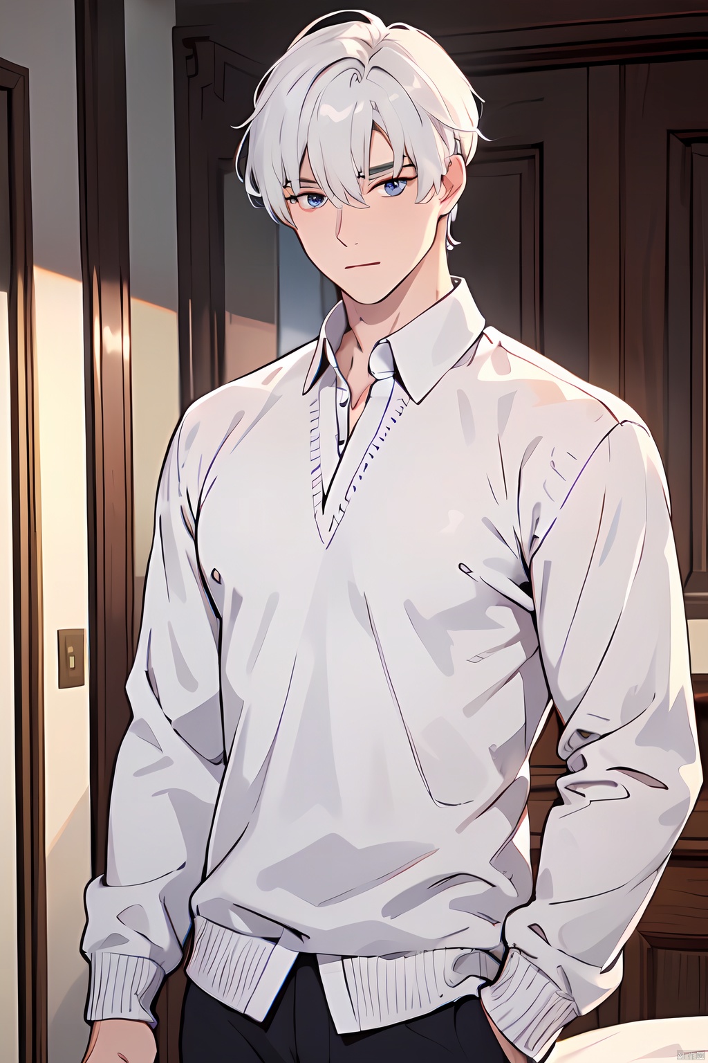  1boy,cowboy_shot,blue eyes,solo,shirt,long sleeves,short hair,white hair,sweater,collared shirt,bangs,closed mouth,