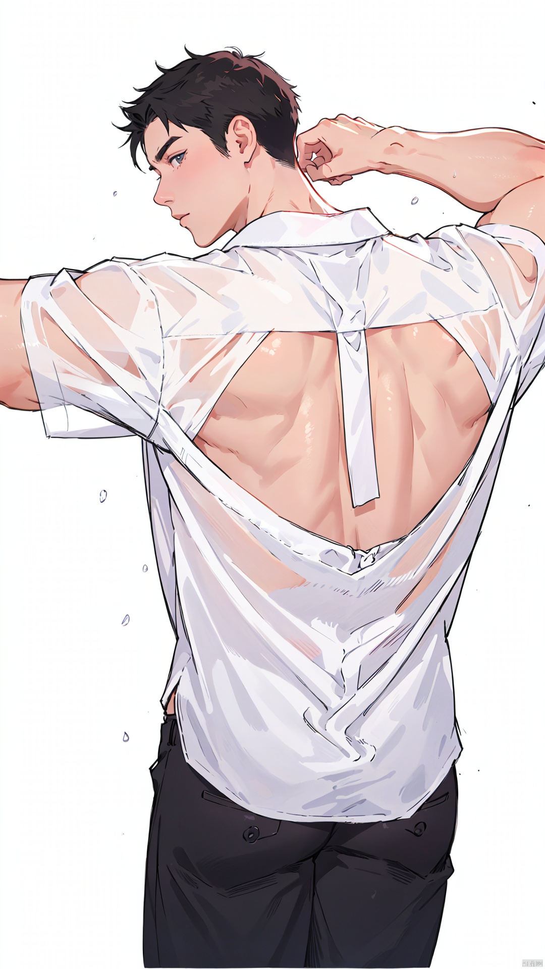  1boy, male focus, solo, black hair, looking back, back, from behind, short hair, **********, shirt, white background, muscular, muscular male, white shirt, looking at viewer