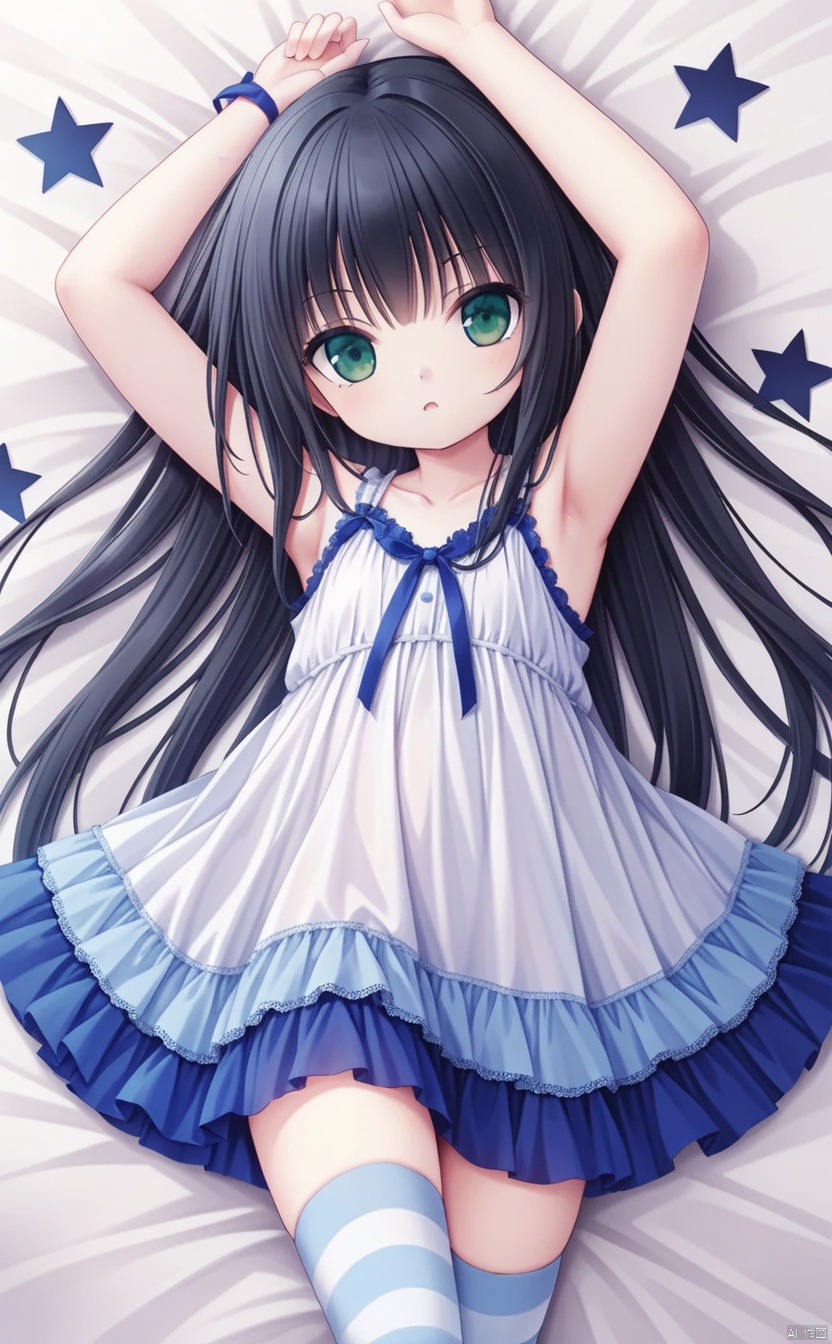 masterpiece,best quality,very long hair,cowboy shot,moinszero,1girl,striped,solo,striped_thighhighs,long_hair,ribbon,stuffed_toy,green_eyes,star_(symbol),lying,underwear,armpits,stuffed_animal,arm_up,black_hair,on_back,looking_at_viewer,dress,num32,