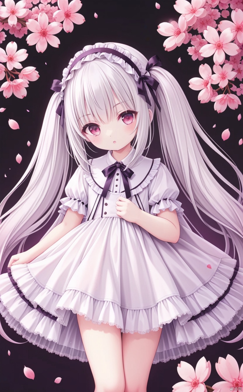 masterpiece,best quality,very long hair,cowboy shot,moinszero,moinszero,moinszero,moinszero,moinszero,moinszero,moinszero,moinszero,1girl,long_hair,solo,dress,very_long_hair,lolita_fashion,hairband,flower,cherry_blossoms,petals,looking_at_viewer,lolita_hairband,white_hair,frills,num18,twintails,