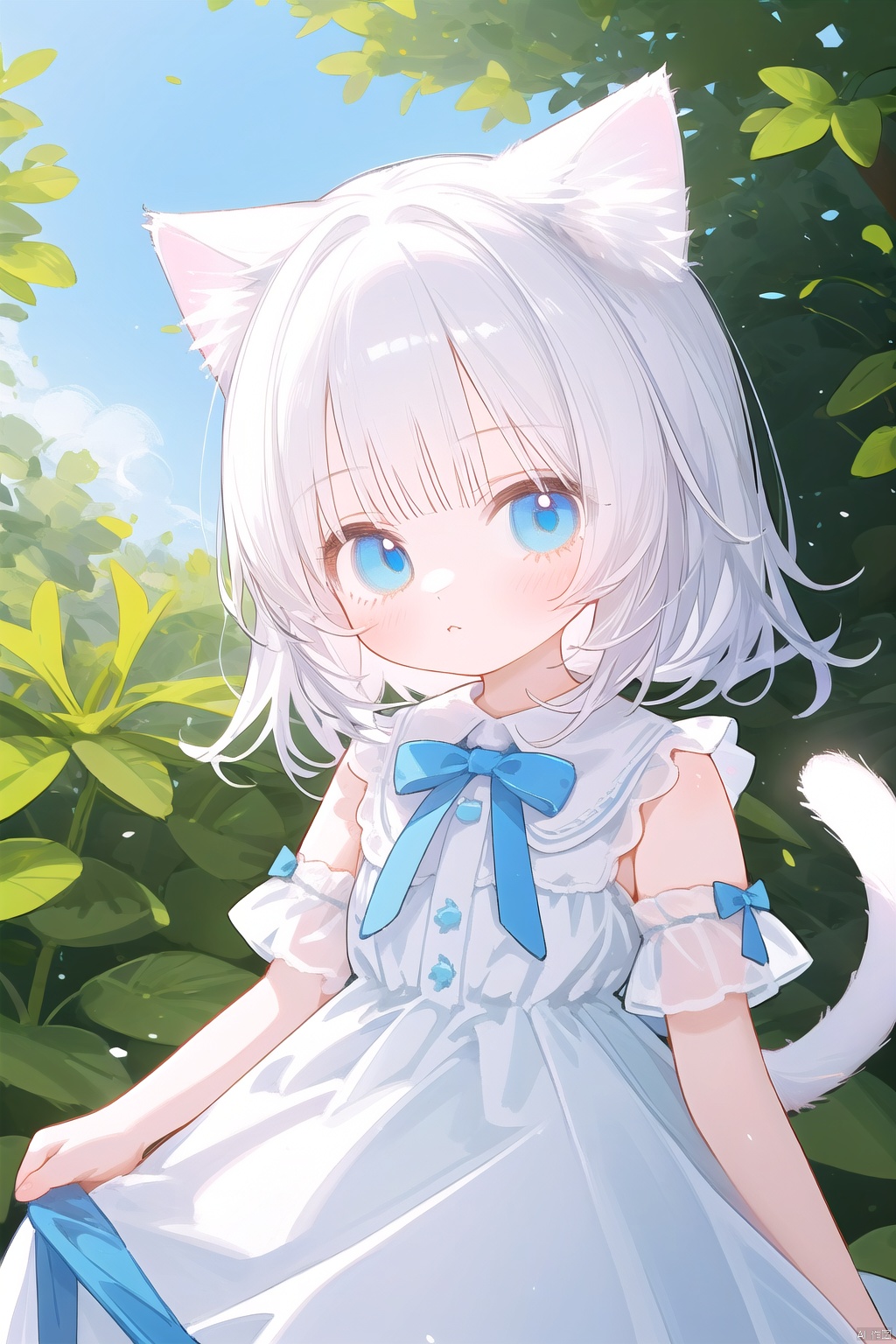  1girl,loli,catgirl,white hair,blue eyes,cat ears,cat tail,white dress