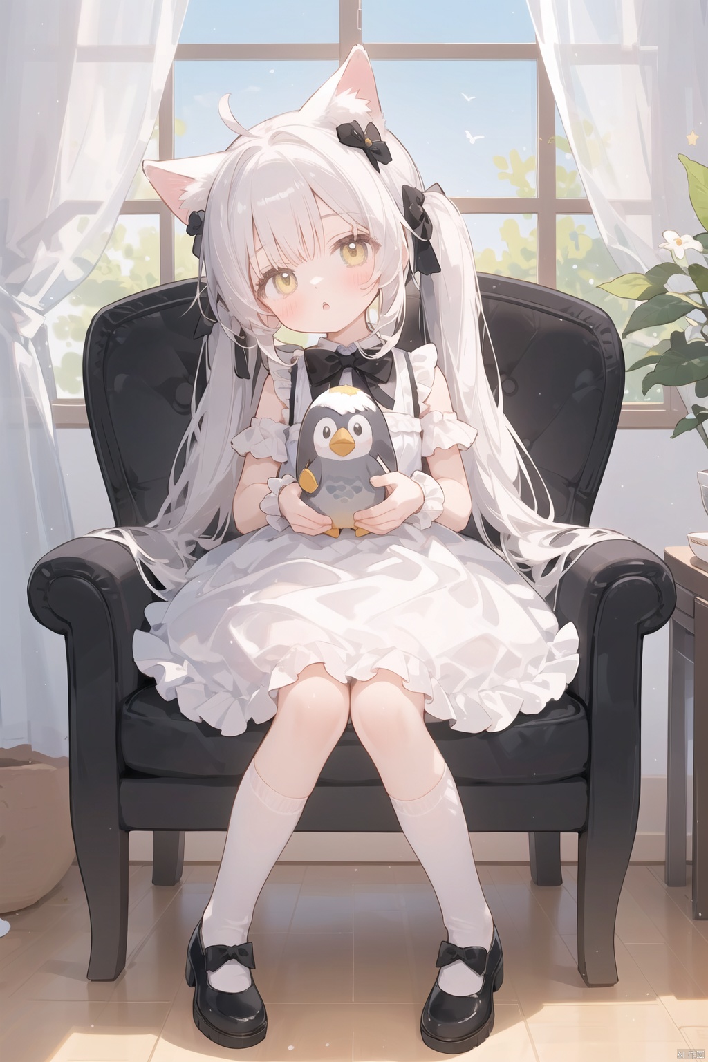  (masterpiece), (best quality),artist WERI, loli,1girl, dress, long hair, cup, curtains, sitting, solo, yellow eyes, looking at viewer, very long hair, black dress, star (symbol), teacup, chair, table, bow, bird, animal ears, window, black footwear, twintails, socks, ribbon, wrist cuffs, shoes, head tilt, hair ribbon, stuffed toy, sleeveless dress, teapot, rabbit ears, bangs, stuffed penguin, holding, knees together feet apart, blush, sleeveless, hairband, penguin, saucer, full body, lolita fashion, owl, white socks, stuffed animal, :o, frills, black bow, frilled dress, indoors
