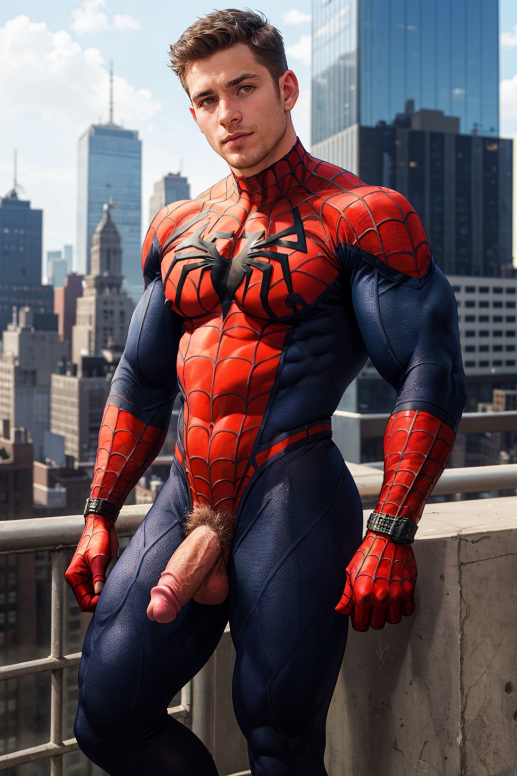 photo of an american man wearing tight spiderman bodysuit,  standing on a ledge of a skyscraper,  overlooking new york cit...