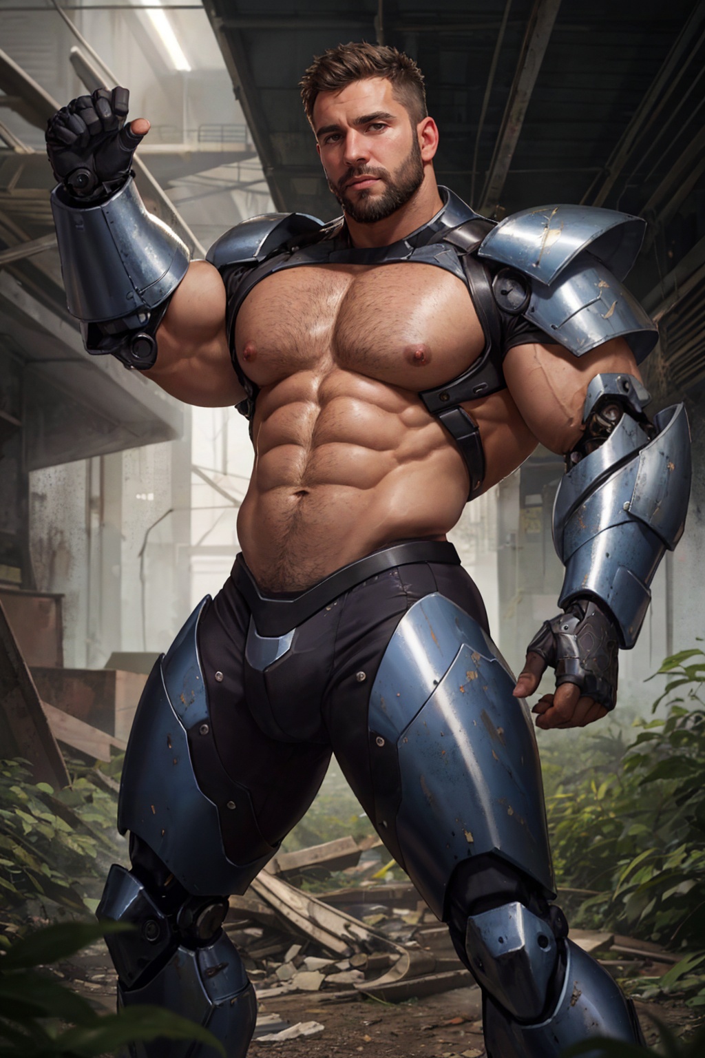 A bearded argentinian man wearing futuristic high-tech mecha suit,  reflective metal,  standing in an abandoned dilapidate...