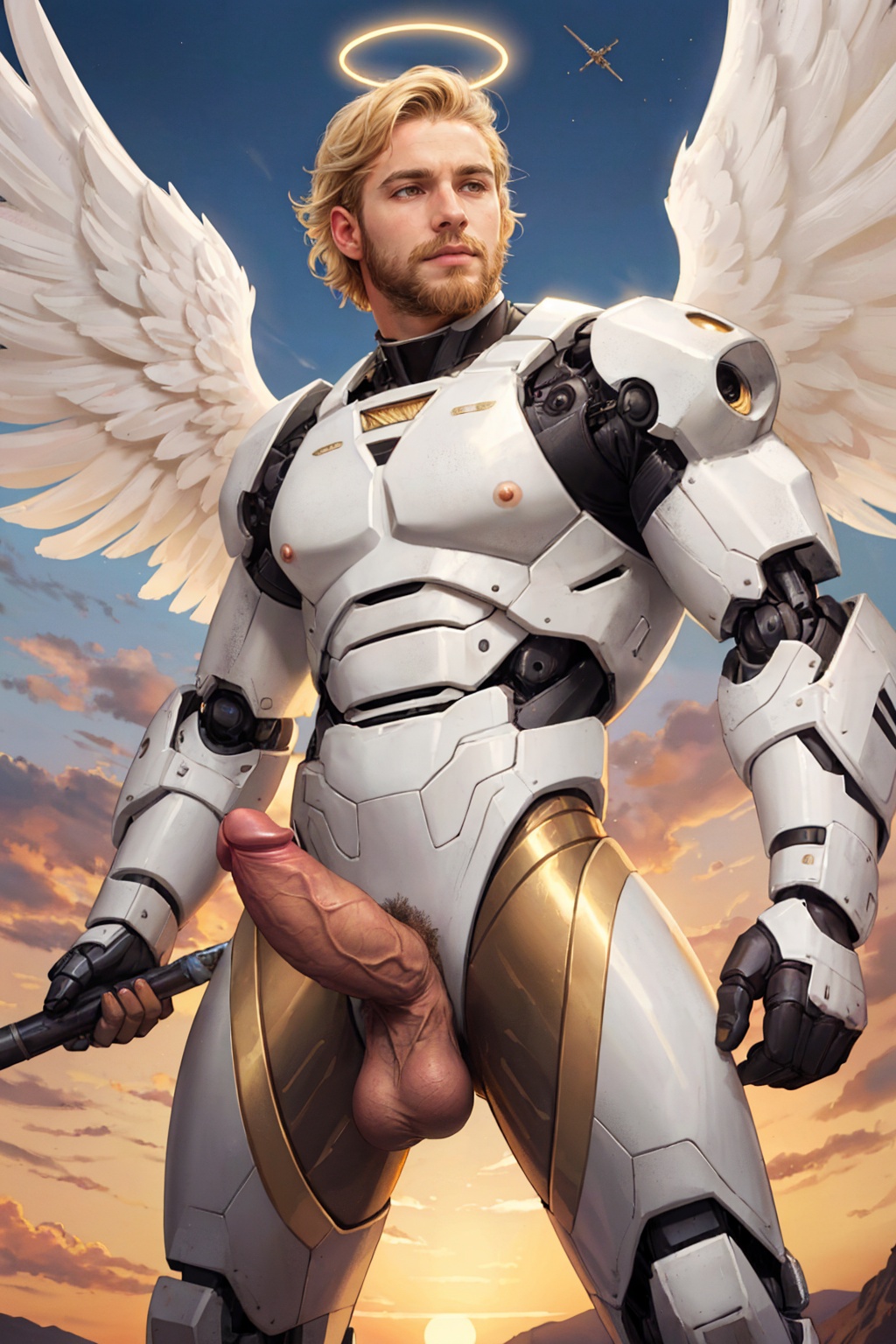 photo of a male angel,  ((angelic white/gold exosuit)),  (holding holy spear) on Tensor.Art