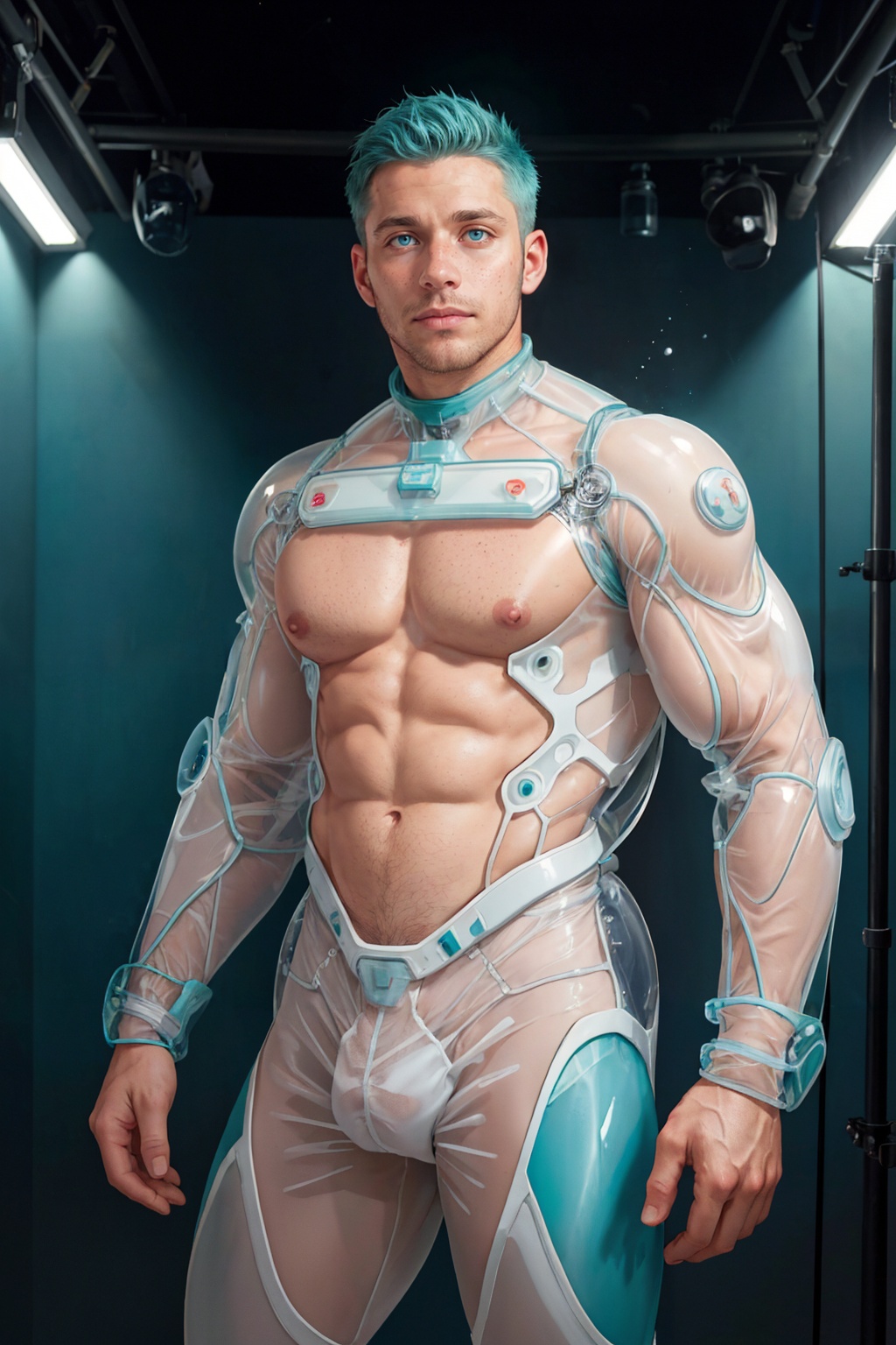 35 years old man wearing ((transparent see-through glass exosuit)),  in a photography studio with light blue walls,  aqua...