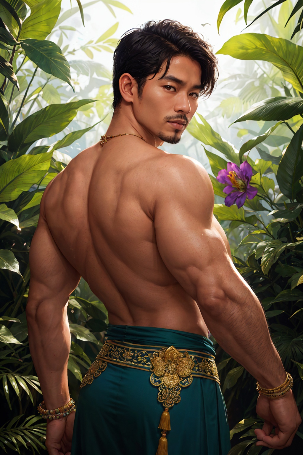 fashion photography portrait of a (southeast asian man),  in blue lush jungle with flowers and birds,  wearing intricate t...