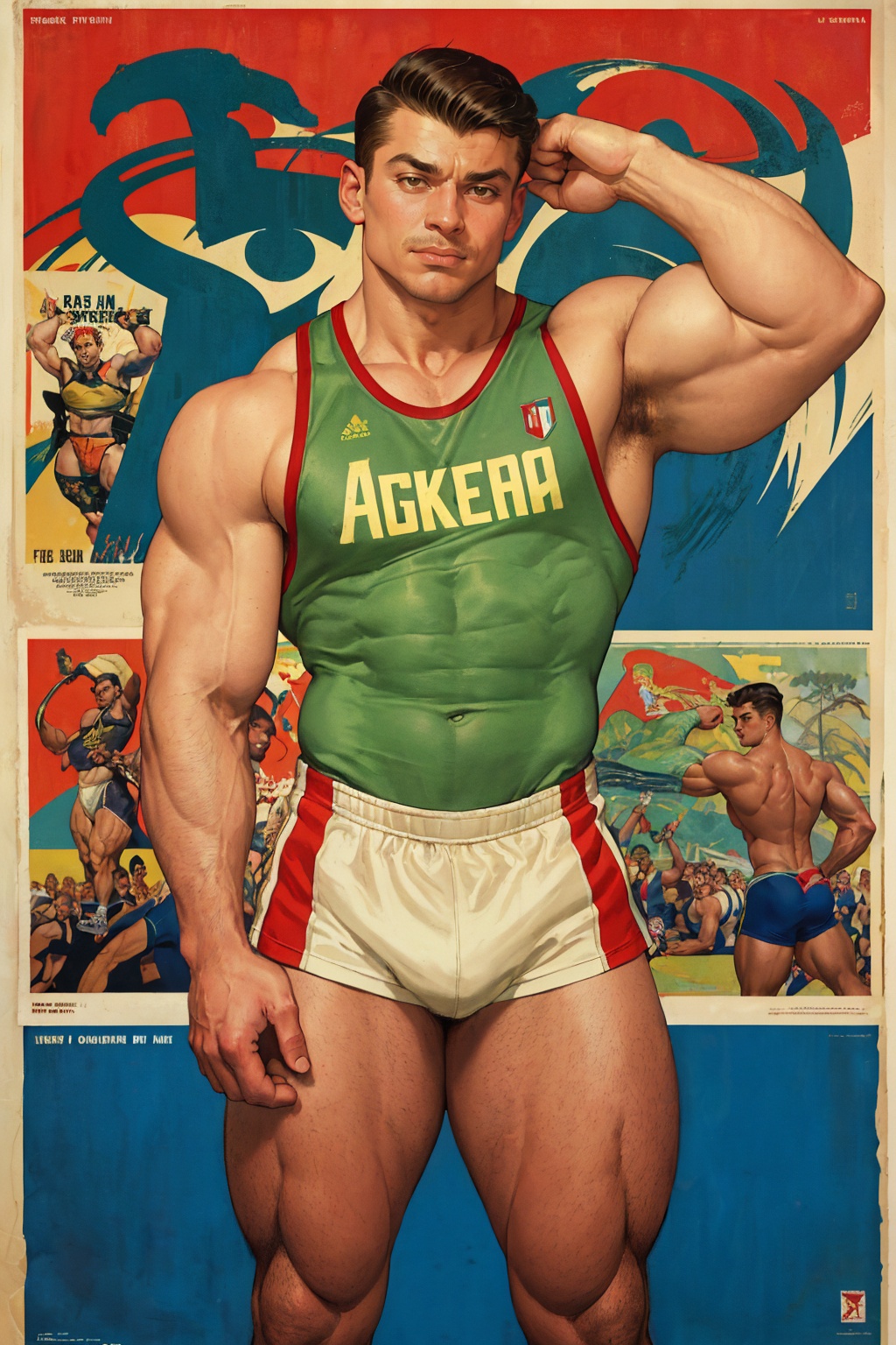 vintage poster art of a male italian flexing,  wearing sportswear,  propaganda poster on Tensor.Art
