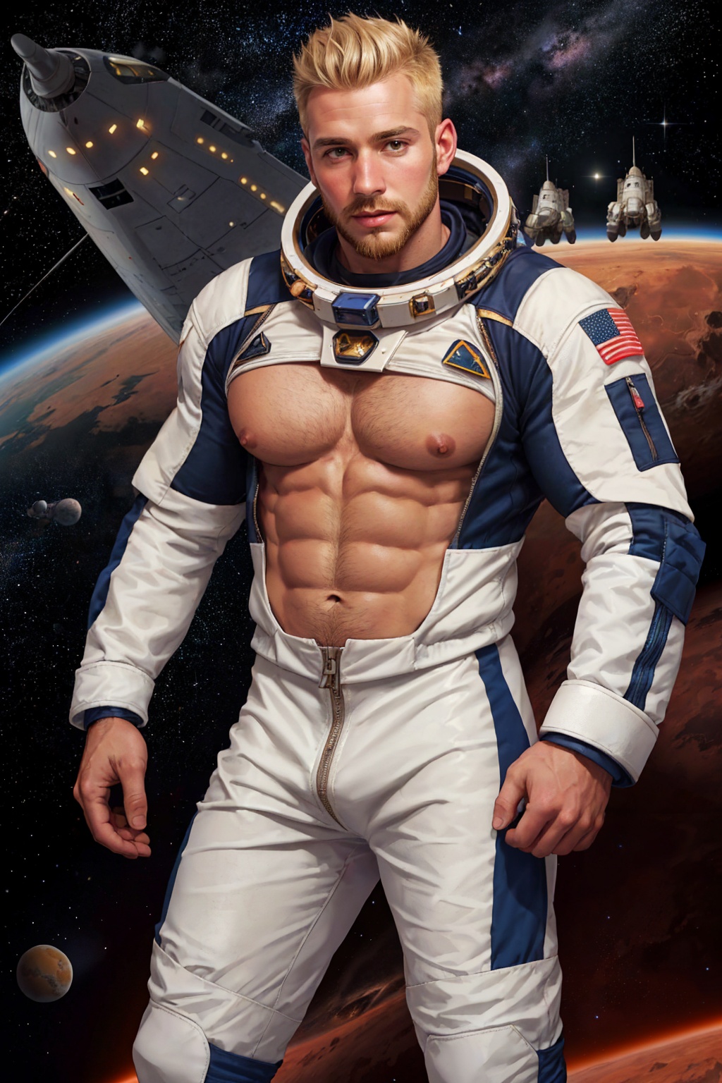 male pilot,  (standing close to space battleship),  mars landscape on Tensor.Art