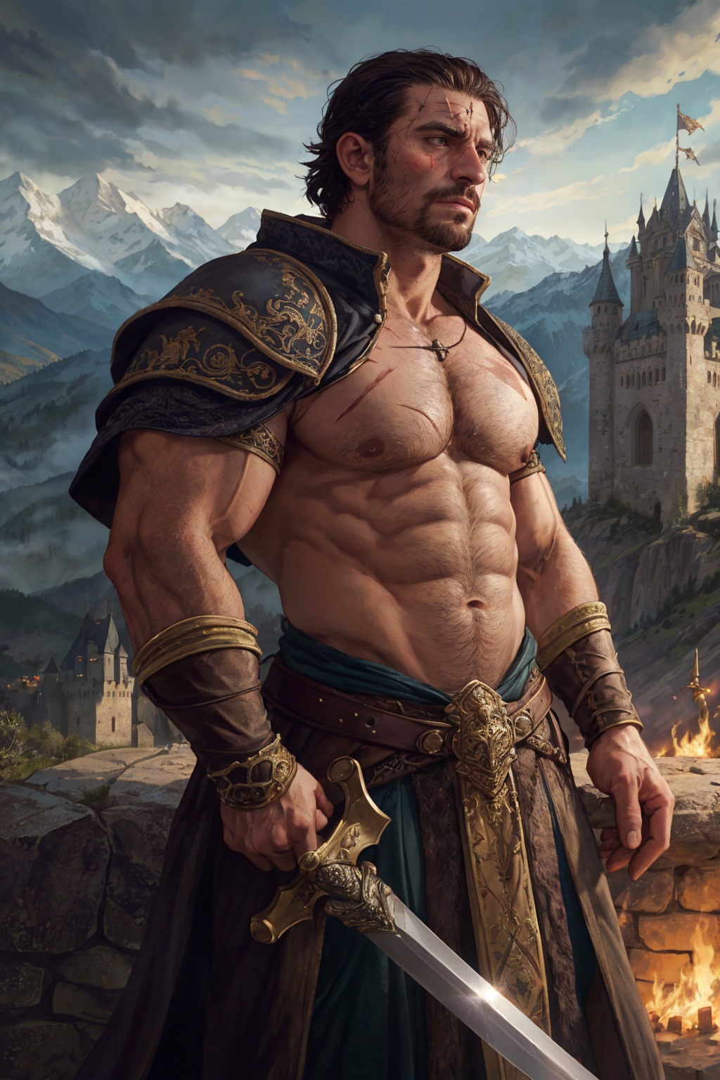 vivid castle background,  mountainous,  a gruff looking swordsman with an ornate sword on Tensor.Art