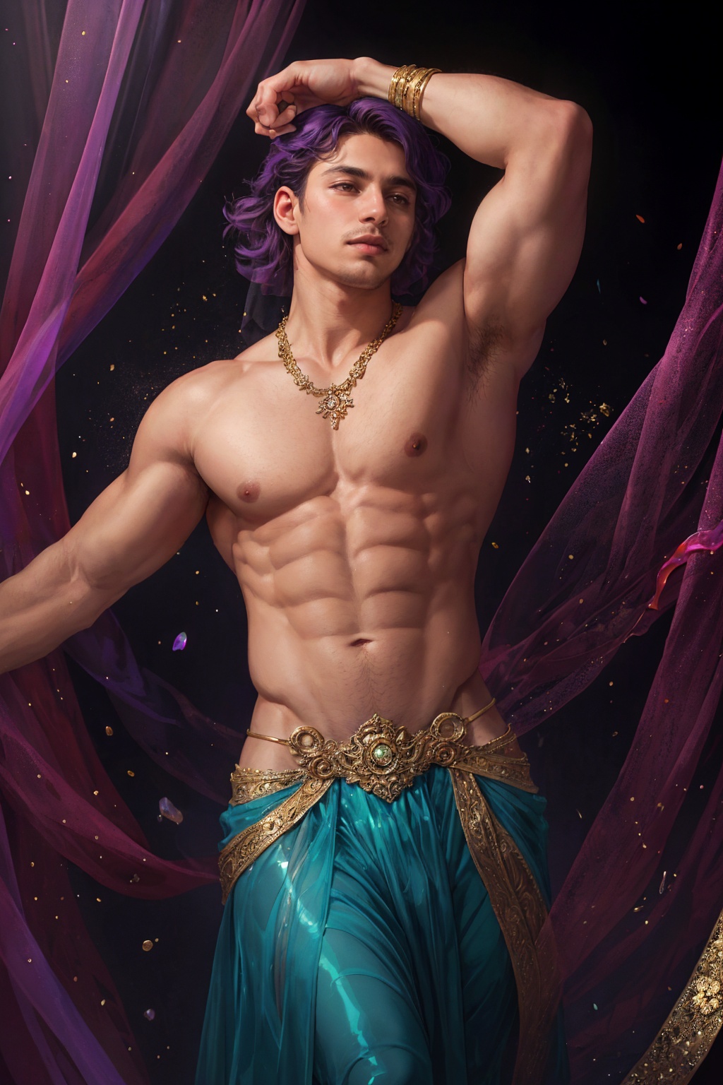 A male dancer,  stunning beauty,  wearing clothes in blue and purple on Tensor.Art