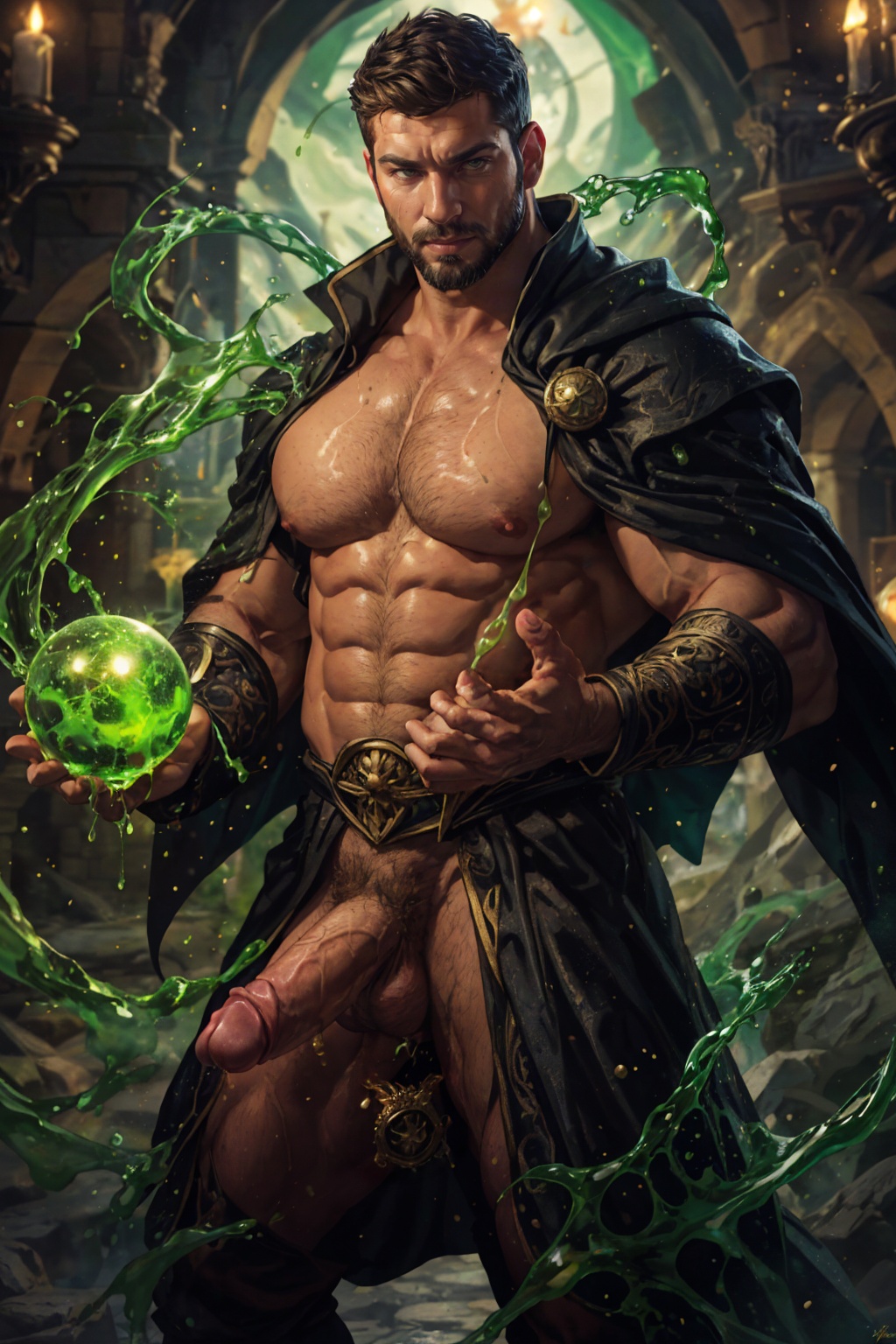 a handsome muscular bearded man holding an orb while wearing cape,  in medieval castle,  clear blue sky on Tensor.Art