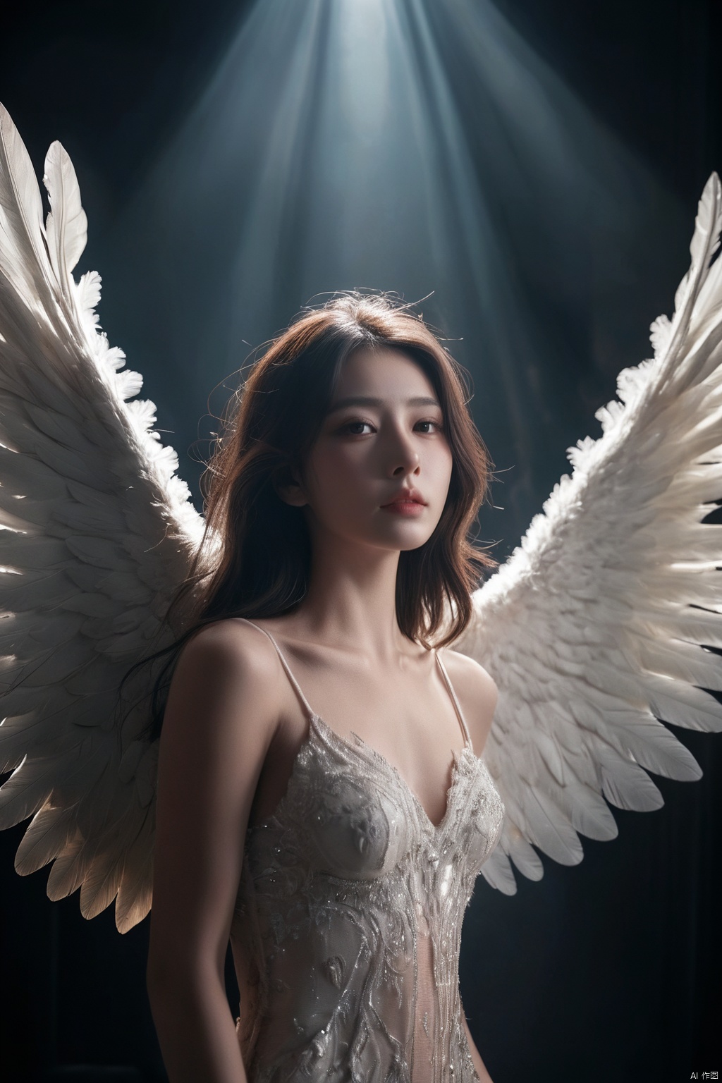 Award-winning work, beautiful angel, light through angel wings, facing the lens, strong light and dark contrast, dramatic lighting, dark tone photos, movie tone, horror atmosphere, high definition, 8k, Sony movie machine shooting,dark,